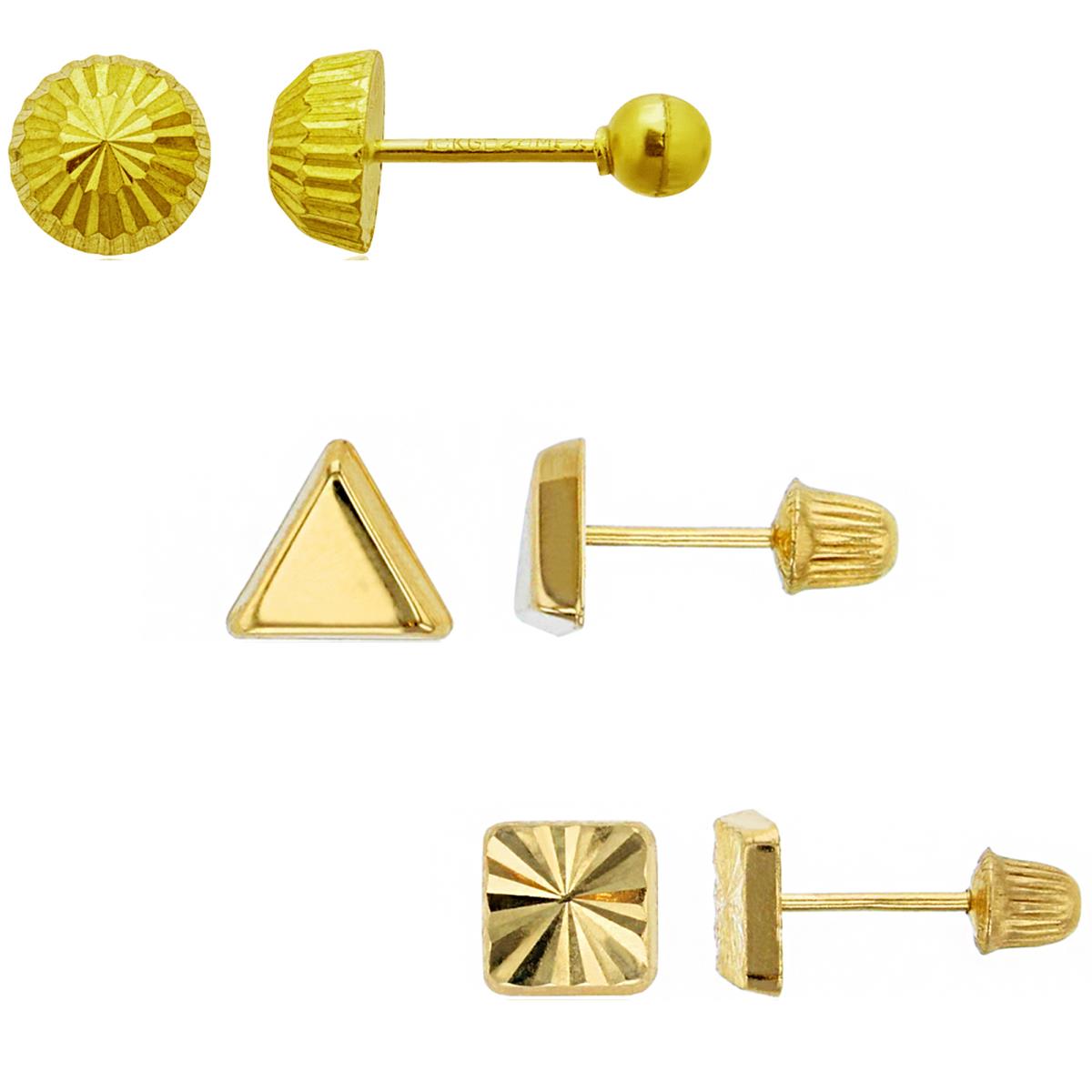14K Yellow Gold DC 5mm Half-Ball, Polished Triangle & DC Square Screwback Earring Set