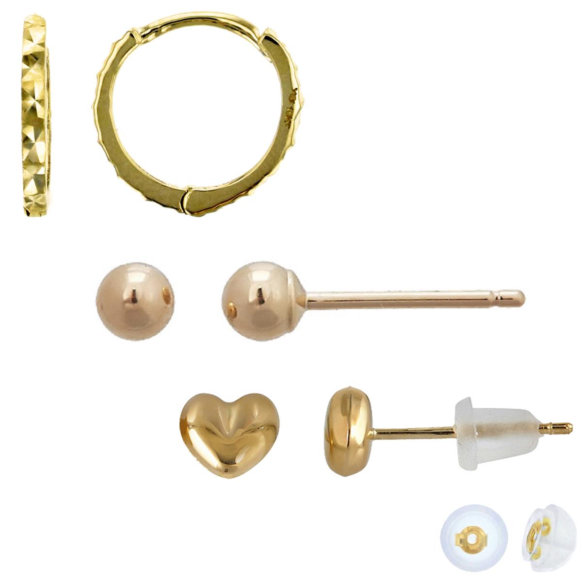 14K Yellow Gold DC 1x10mm Huggie, 3mm Ball & Heart Stud Earring Set