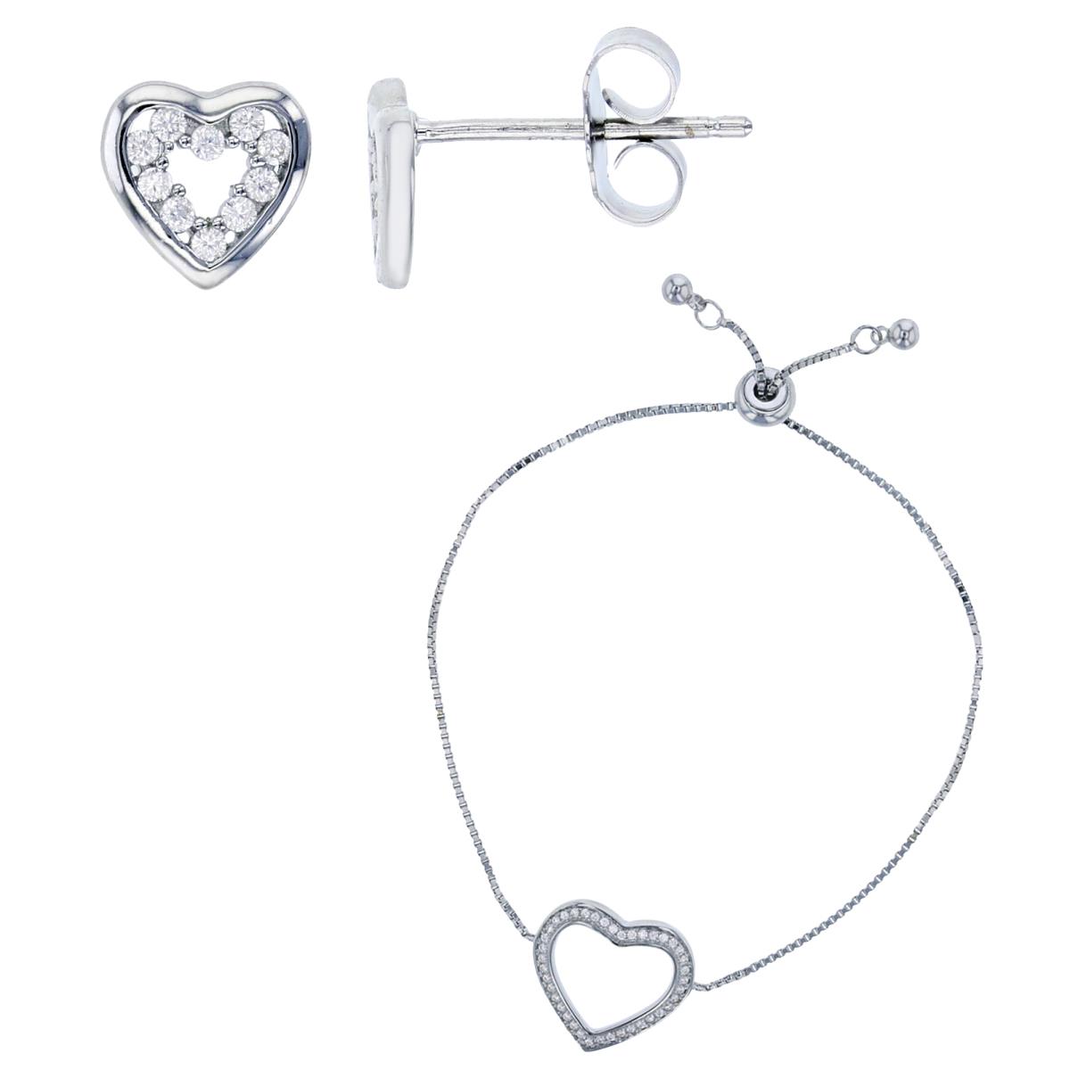 Sterling Silver Rhodium  Rnd CZ Open Heart Studs & Rnd CZ Open Heart Adjustable Bolo Bracelet Set