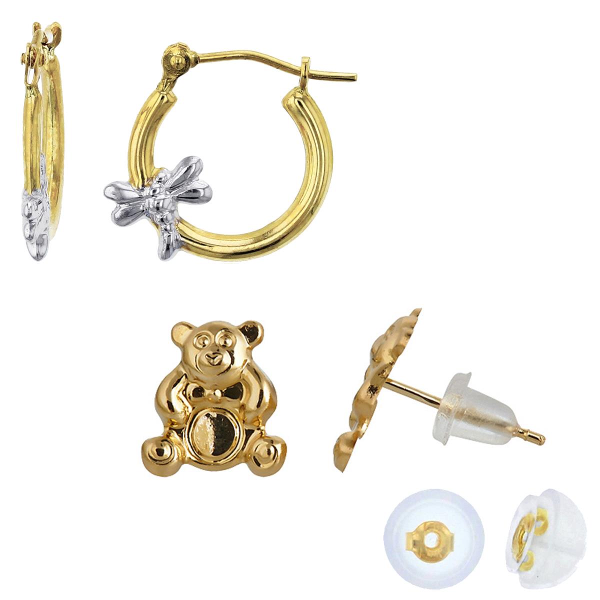 14K Two-Tone Gold Polished Dragonfly Hoop & Yellow Teddy Bear Stud Earring Set