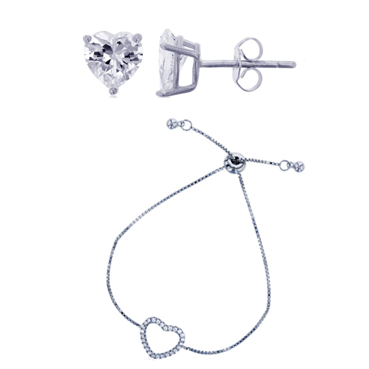 Sterling Silver Rhodium  5mm Rnd CZ Solitaire Studs & Rnd CZ Open Heart Adjustable Bolo Bracelet Set