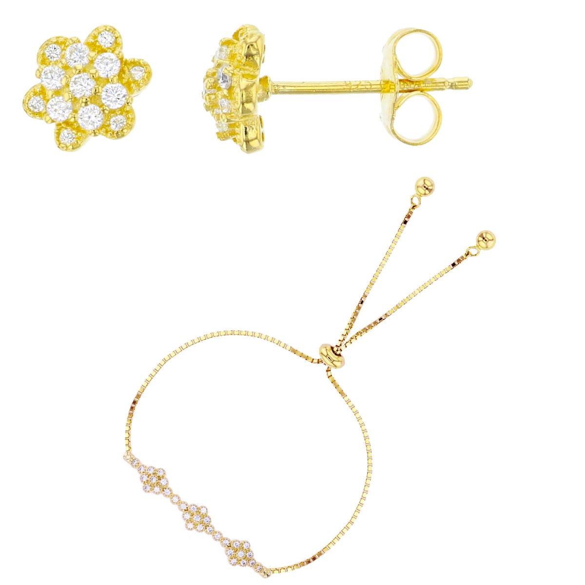 Sterling Silver Yellow Rnd CZ Flower Studs & Rnd CZ Flowers/Bar Adjustable Bolo Bracelet Set