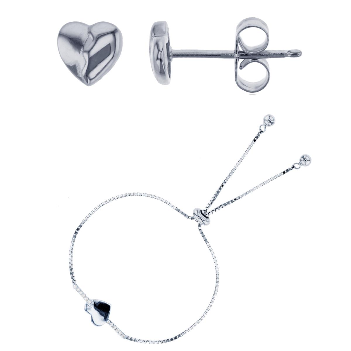 Sterling Silver Rhodium Rnd CZ Heart Studs & Arrow Through Heart Adjustable Bolo Bracelet Set