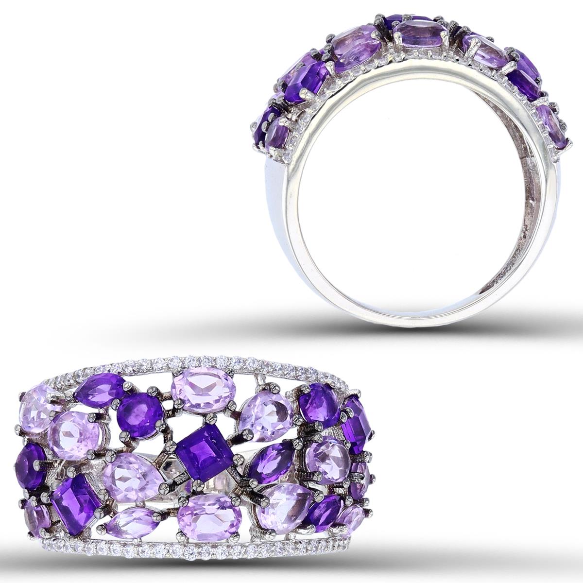 Sterling Silver Rhodium Scattered Multishape Amethyst/ Rose De France & Rnd Created White Sapphire Wide Band