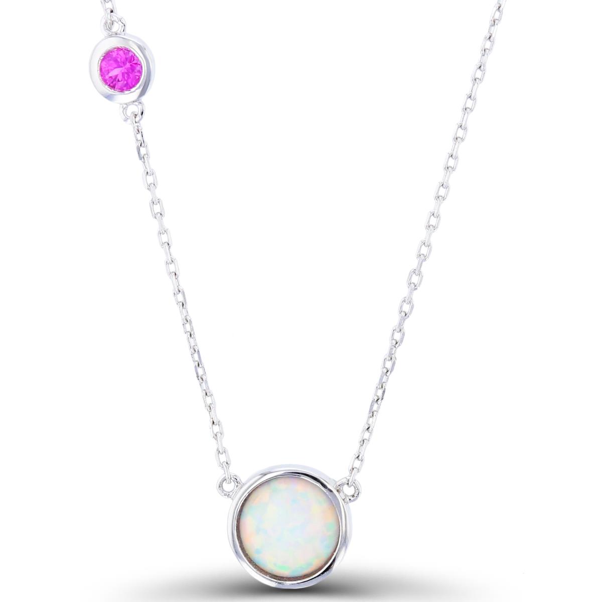 Sterling Silver Rhodium 7mm Rnd Created Opal & 3mm Rnd Created Pink Sapphire Bezel Circles Station 18"Necklace