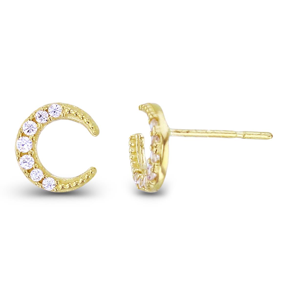 10K Yellow Gold Rnd CZ Beaded Crescent Studs 