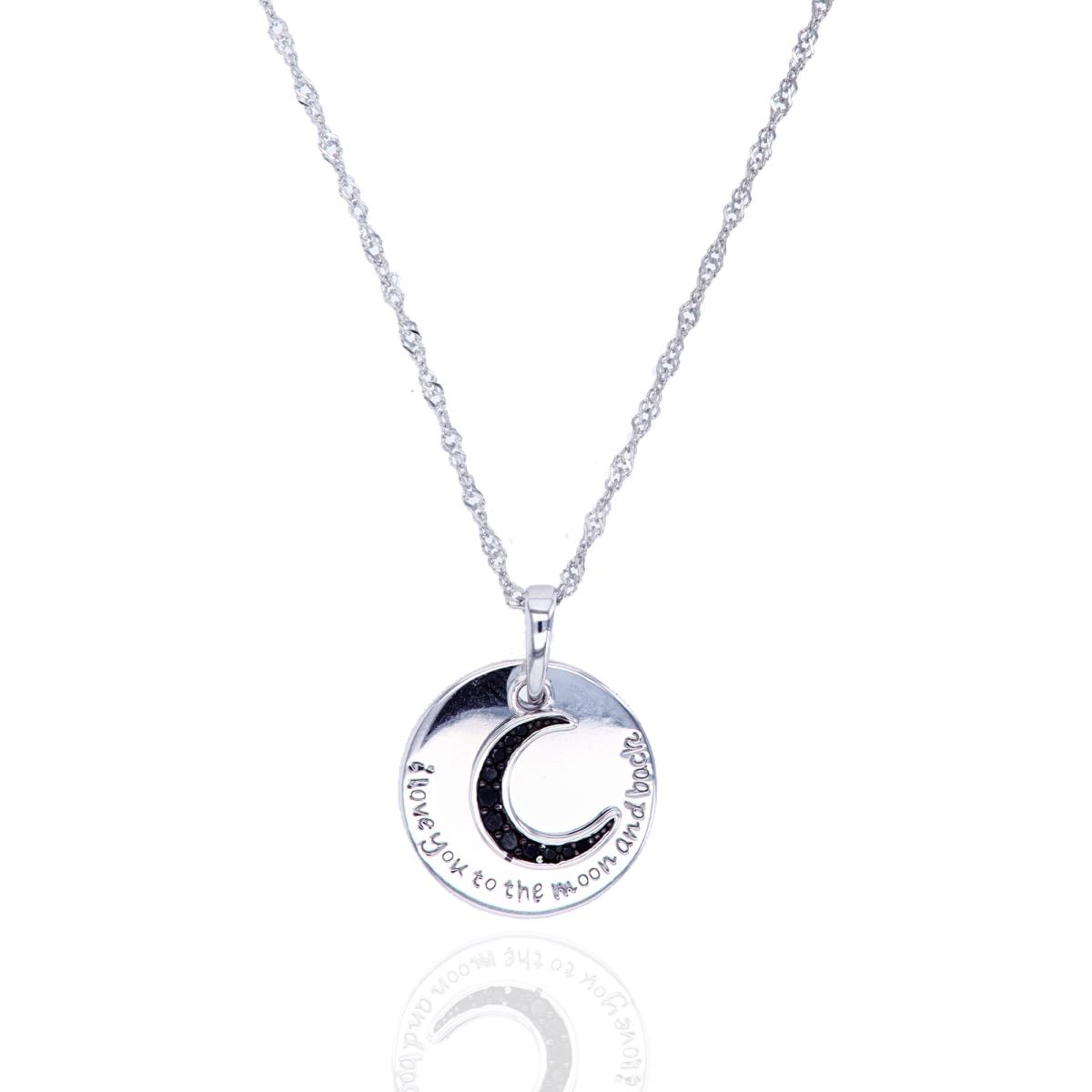 Sterling Silver Two-Tone Rnd Black Spinel Moon &"I Love You To The Moon"High Polish Engraved Circle 18"Necklace