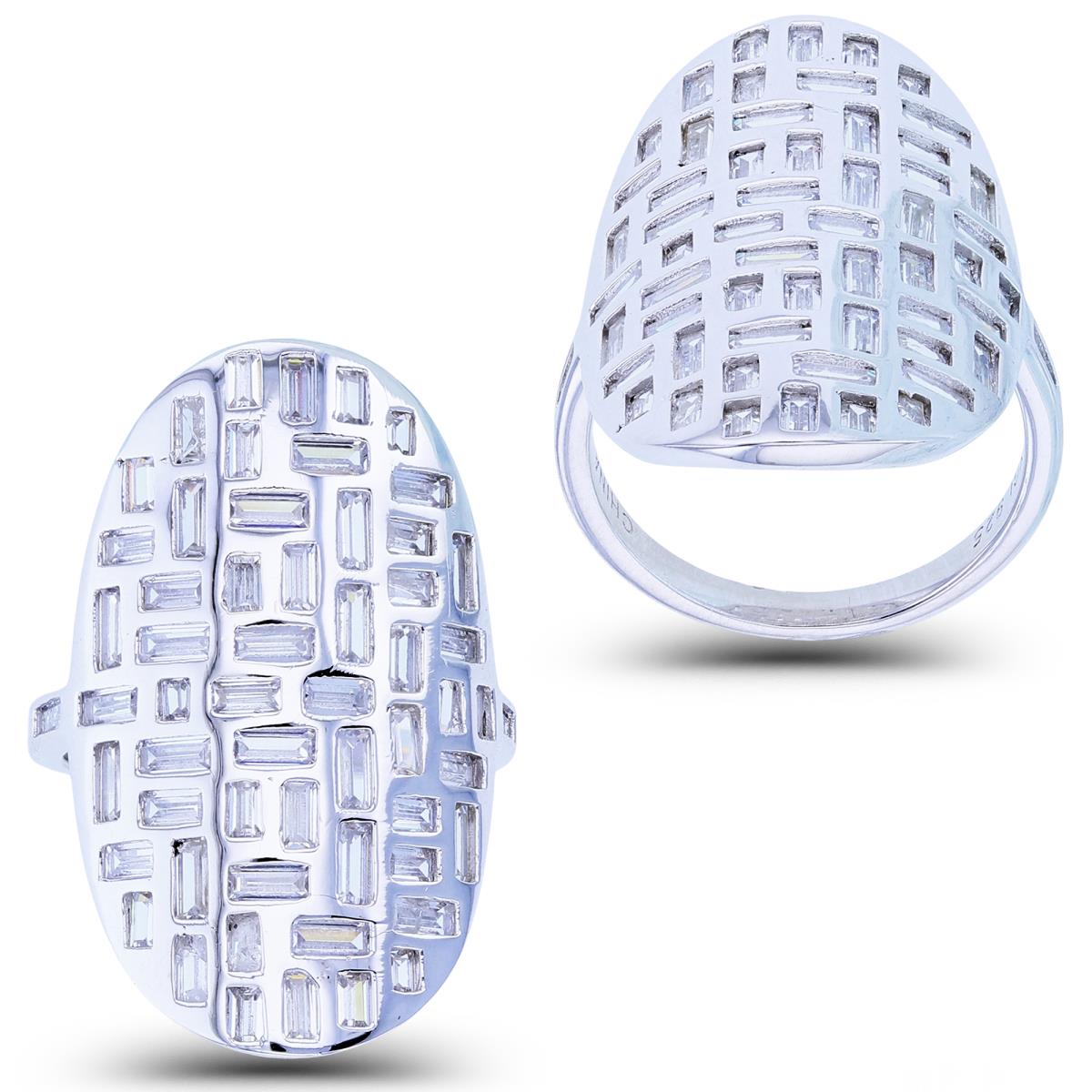 Sterling Silver Rhodium SB White CZ Bezel Basket Ornament Oval Ring