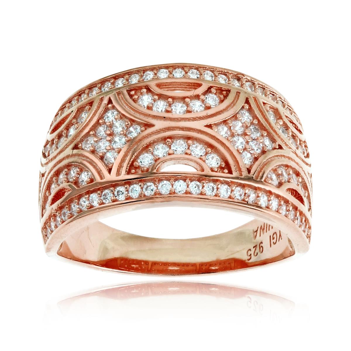 Sterling Silver+1Micron Rose Gold Rnd White CZ Ornament Wide Band 
