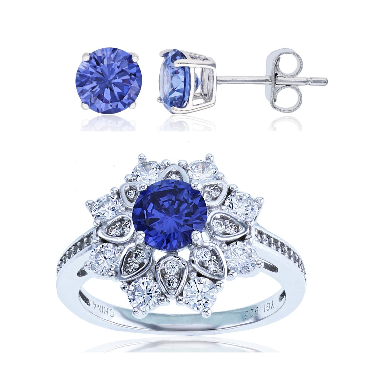 Sterling Silver Rhodium 6mm Rnd Tanzanite CZ Center Ring & Solitaire Stud Earring Set