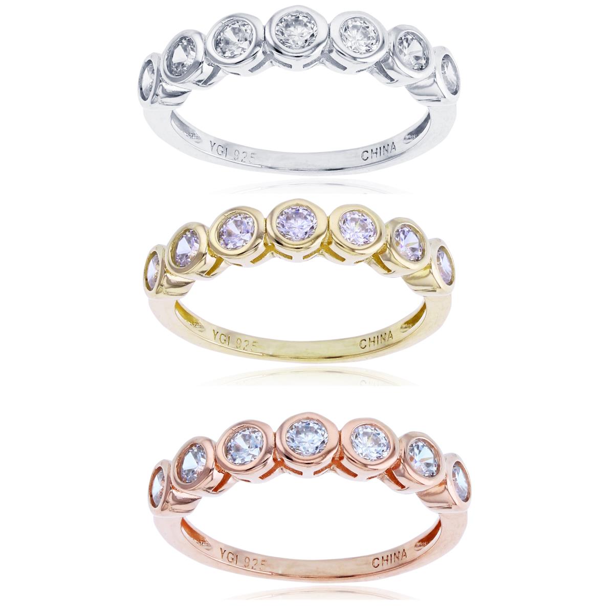 Sterling Silver Rhodium, 1-Micron Yellow & Rose 3mm Rnd White CZ Bezel Circle Row Set of 3 Rings