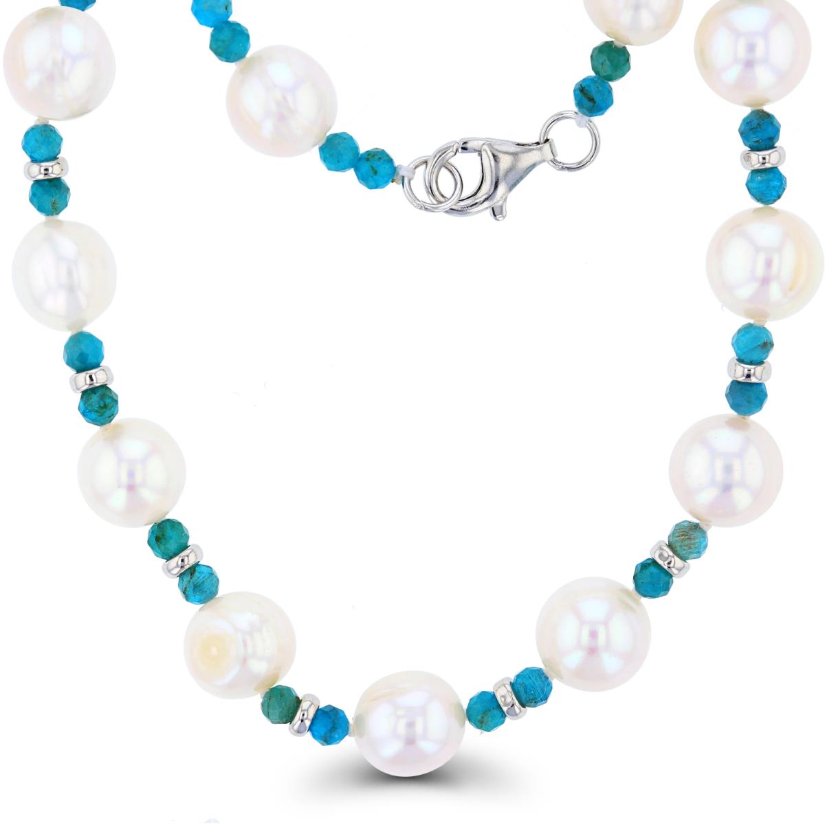 Sterling Silver Rhodium 8.3-9.3mm Freshwater Pearls & 3mm Rondelle Apatite 20" Necklace