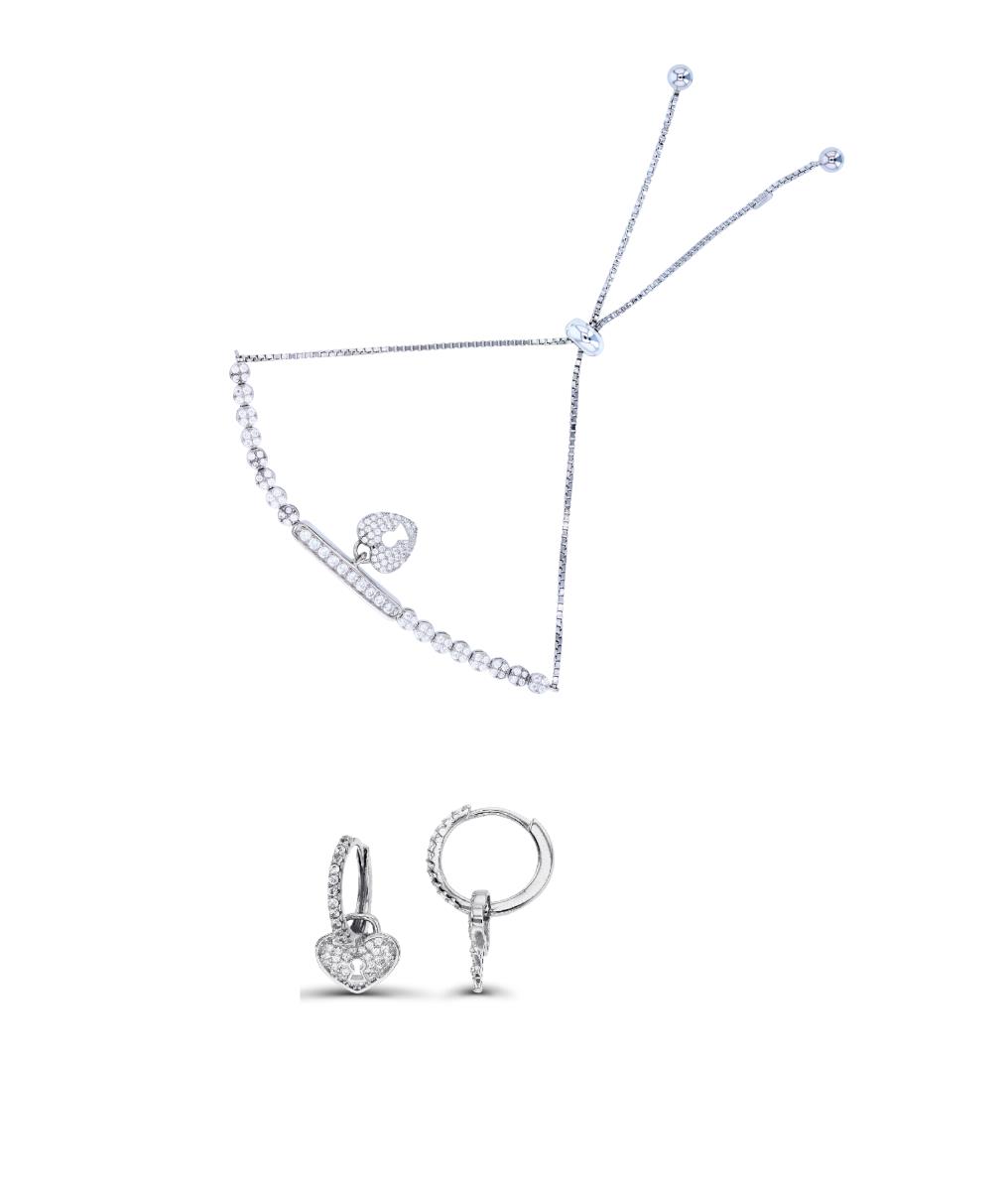 Sterling Silver Rhodium Heart Lock Huggie Earring & Adjustable Bracelet Set
