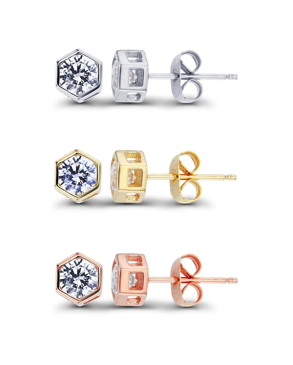 Sterling Silver Rhodium/Yellow/Rose 1-Micron 5mm Rnd CZ Bezel Hexagon Earring Set