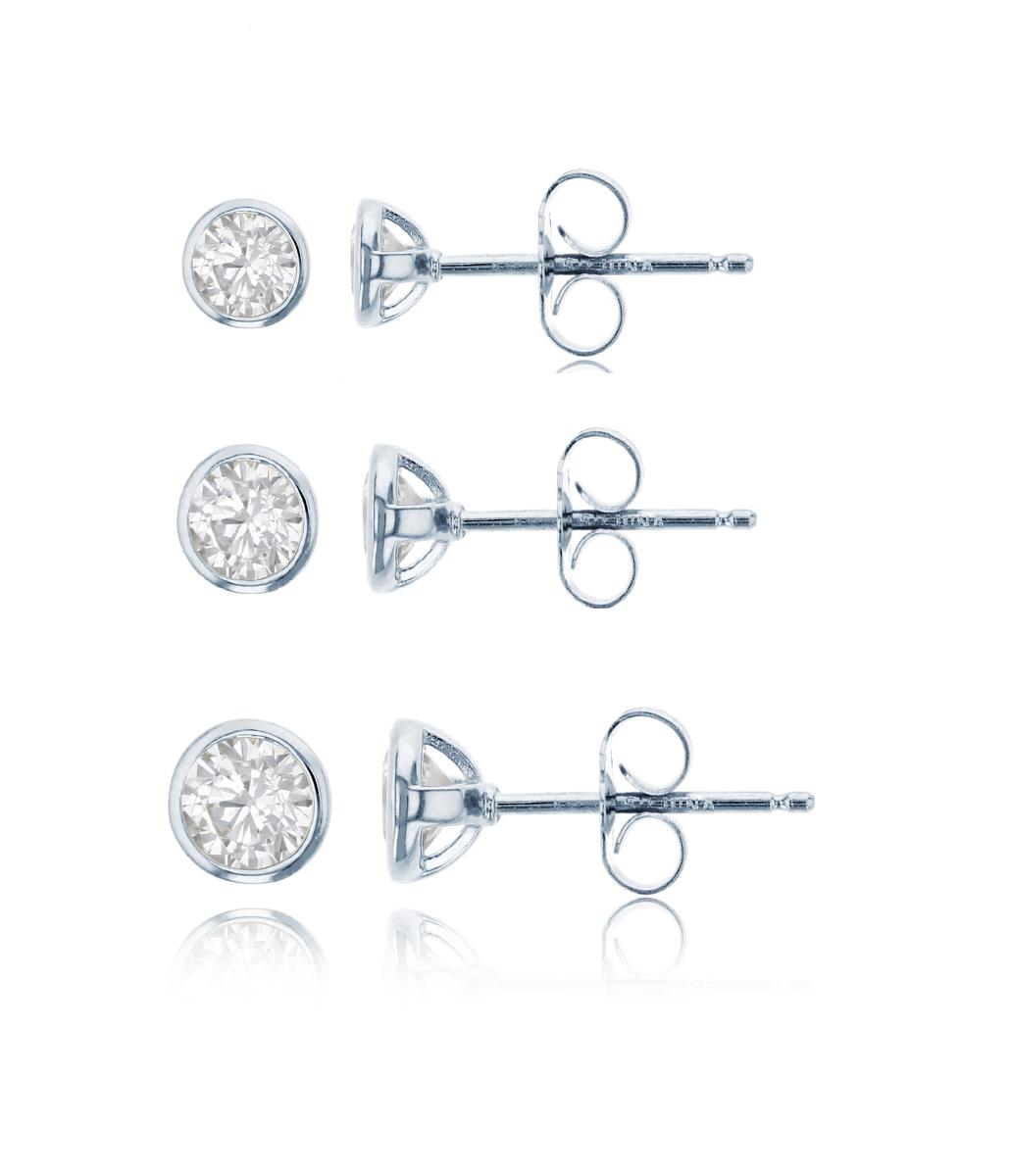 Sterling Silver Rhodium 4mm/5mm/6mm Round Cut CZ Bezel Solitaire Stud Earring Set