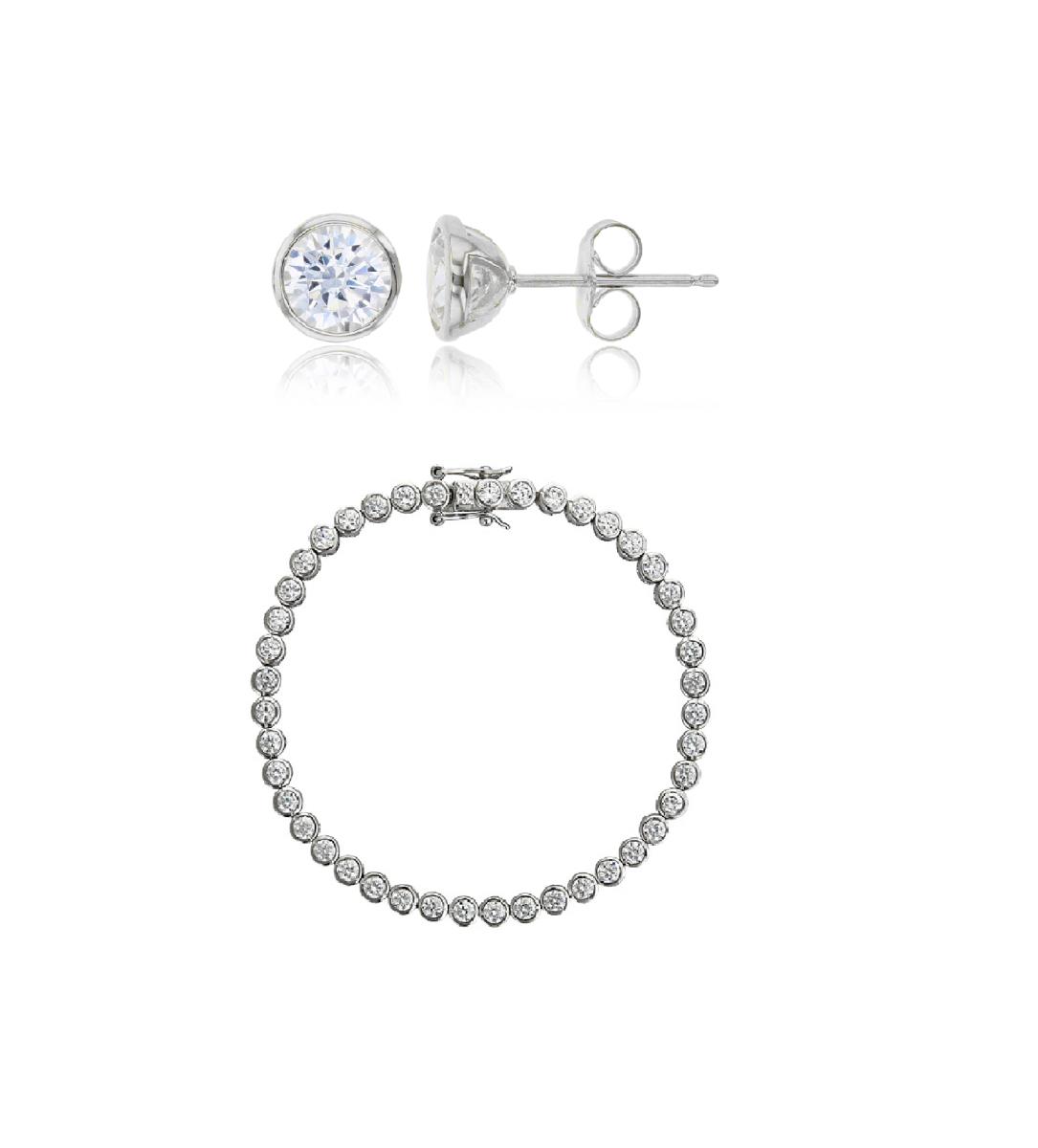 Sterling Silver 3mm Rd Bezel Set Tennis Bracelet & 6mm Rd Cut CZ Bezel Stud Earring Set