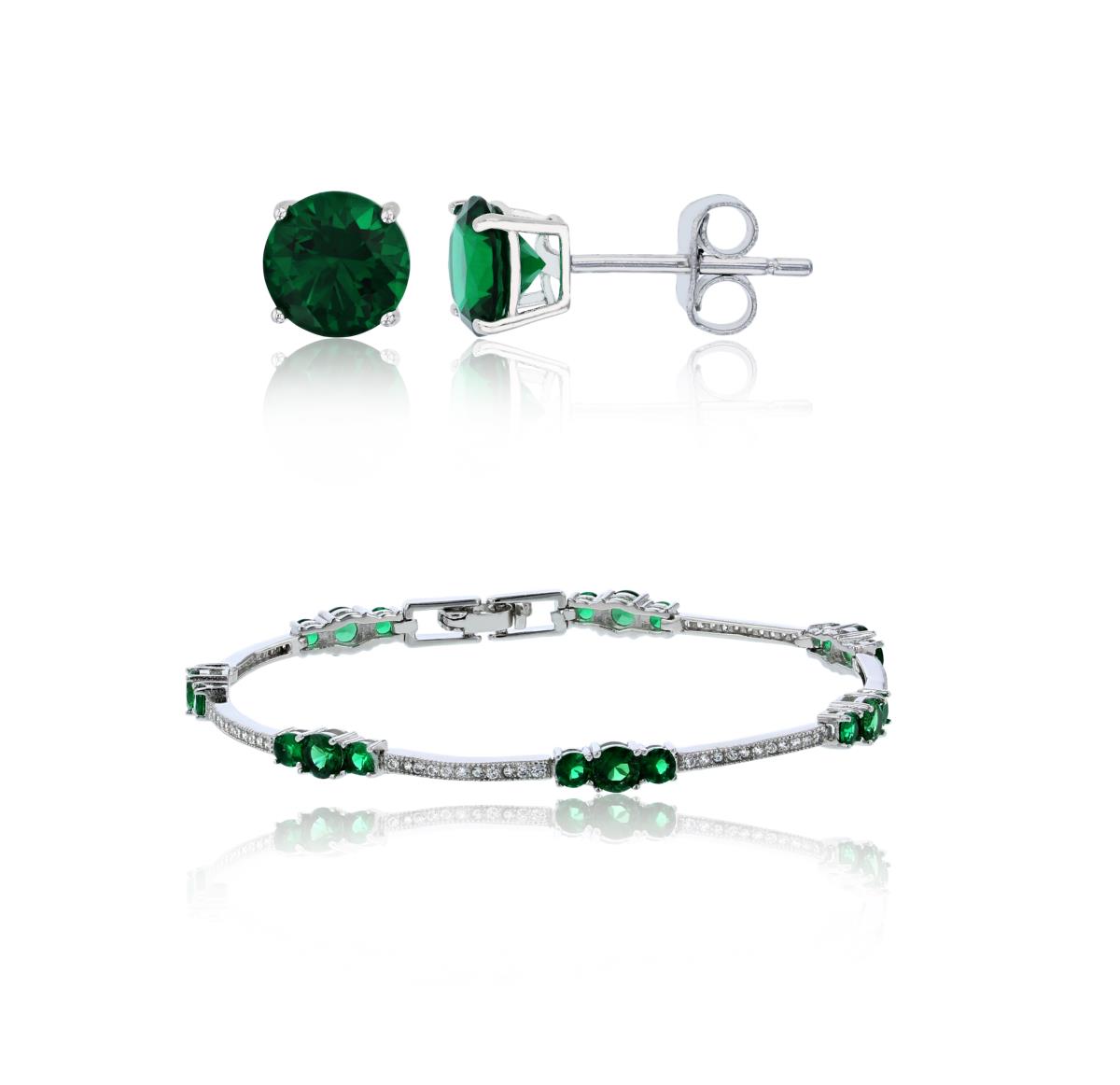 Sterling Silver Rhodium 3-Stone Pave Green/White Tennis Bracelet & Solitaire Stud Earring Set