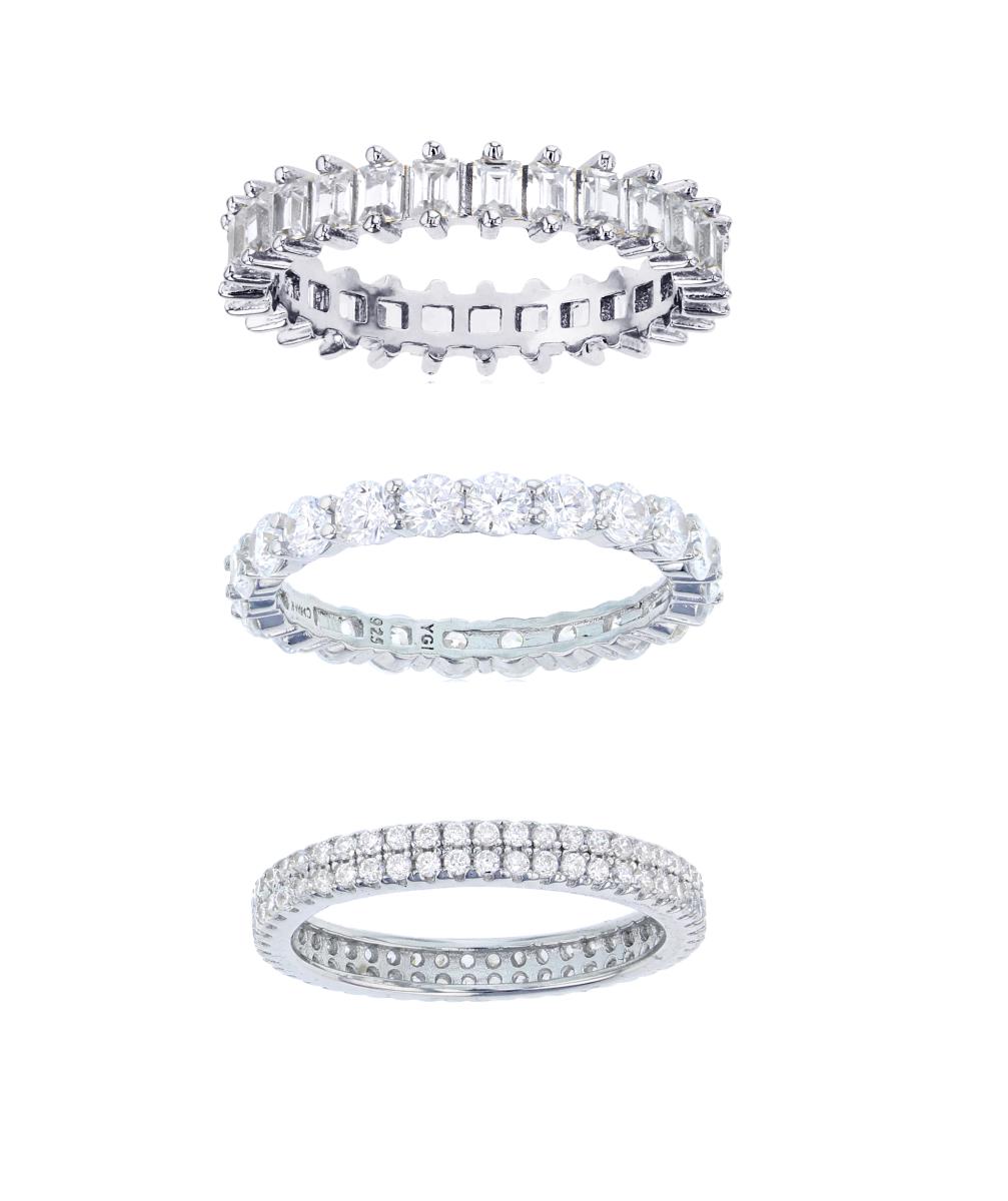 Sterling Silver Rhodium 3mm Rd, Baguette & 2Row Eternity Ring Set of 3