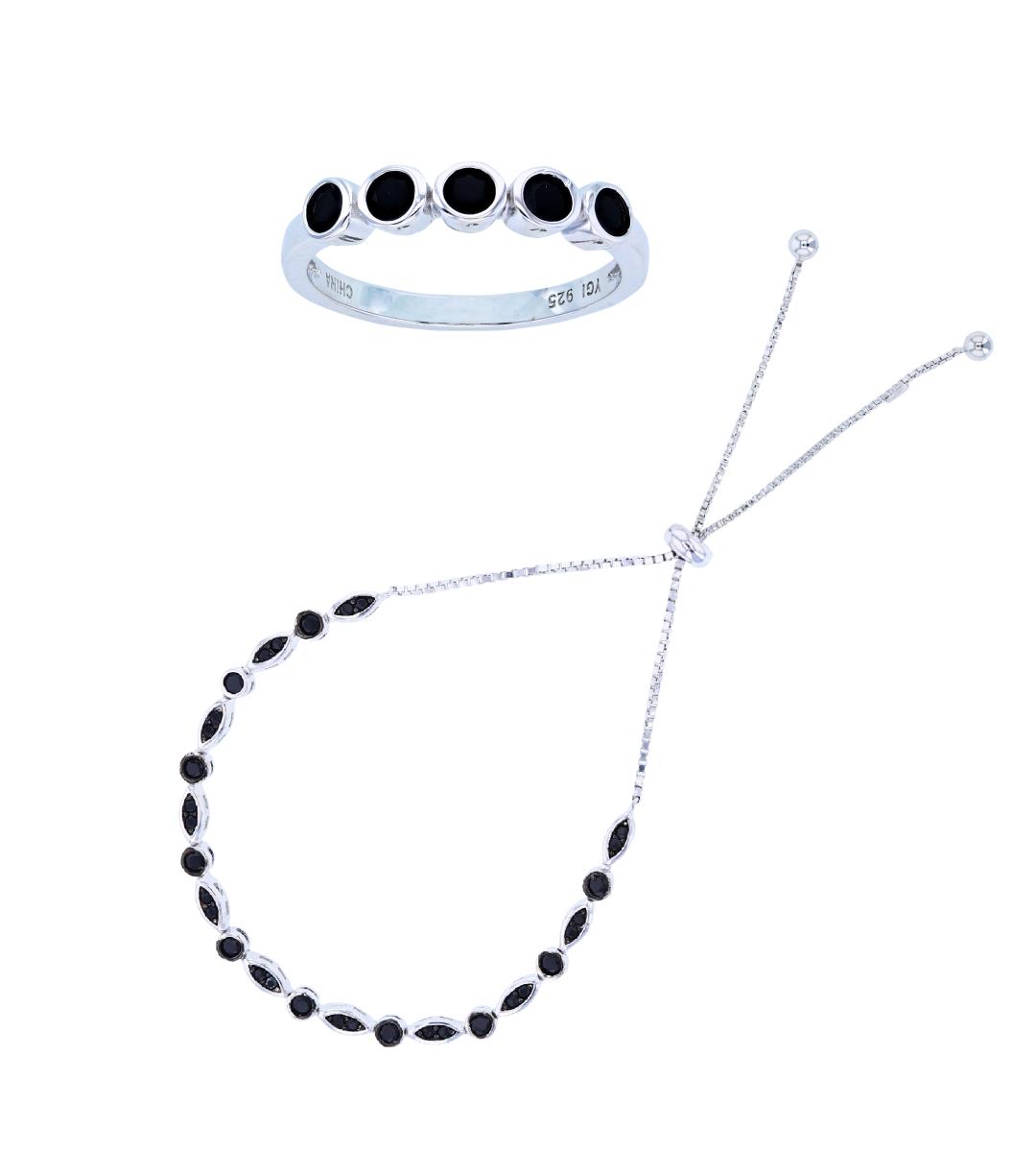 Sterling Silver Rhodium 3mm Black Spinel Bezel Ring & Adjustable Bracelet Set