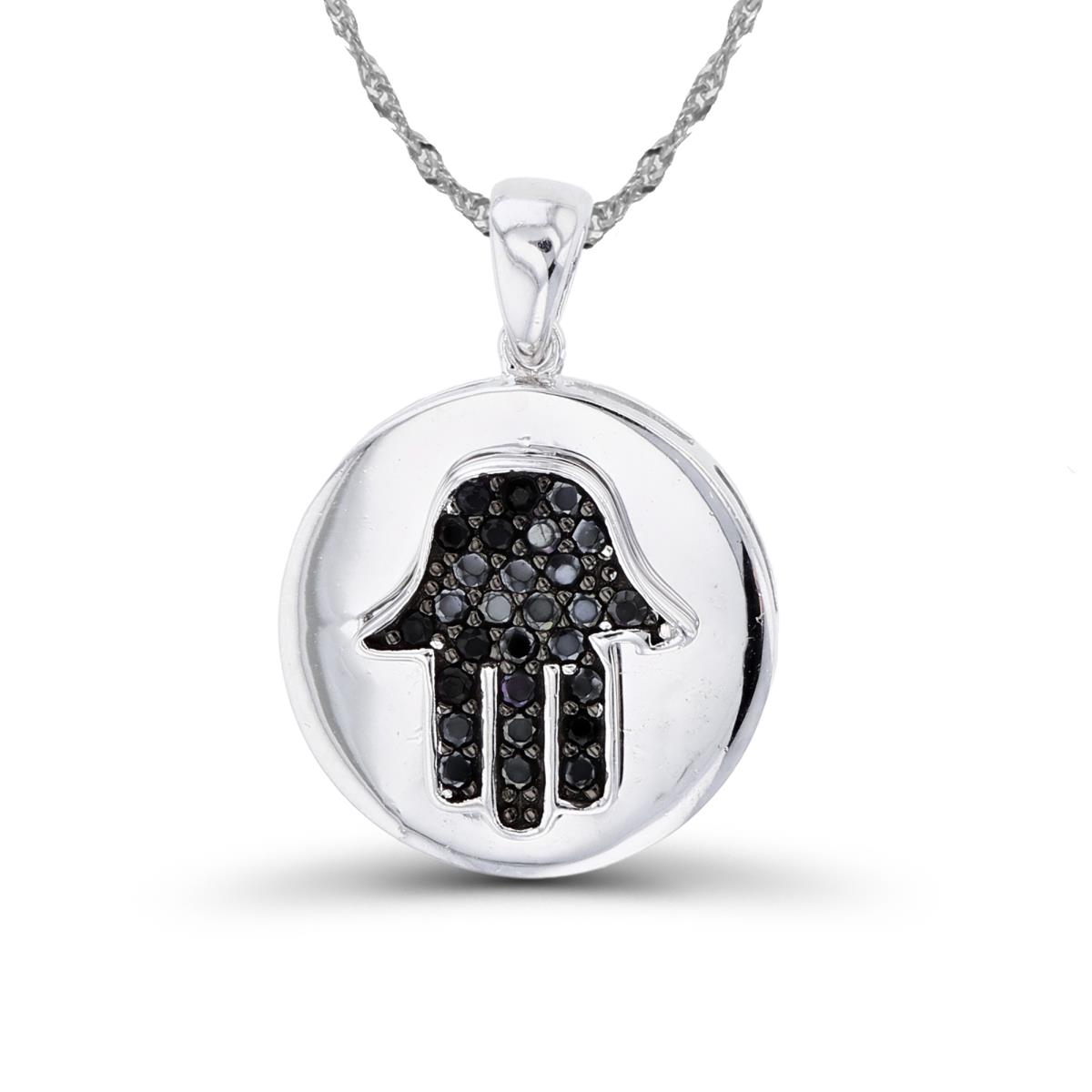 Sterling Silver Two-Tone Pave Rnd Black Spinel Hamsa on High Polish Circle 18"+2" Singapore Necklace