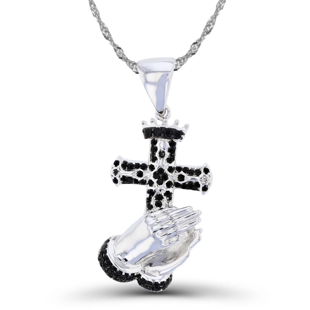 Sterling Silver Two-Tone (B/W) High Polish & Textured Rnd Black Spinel Praying Hands with Cross 18"+2" Singapore Necklace