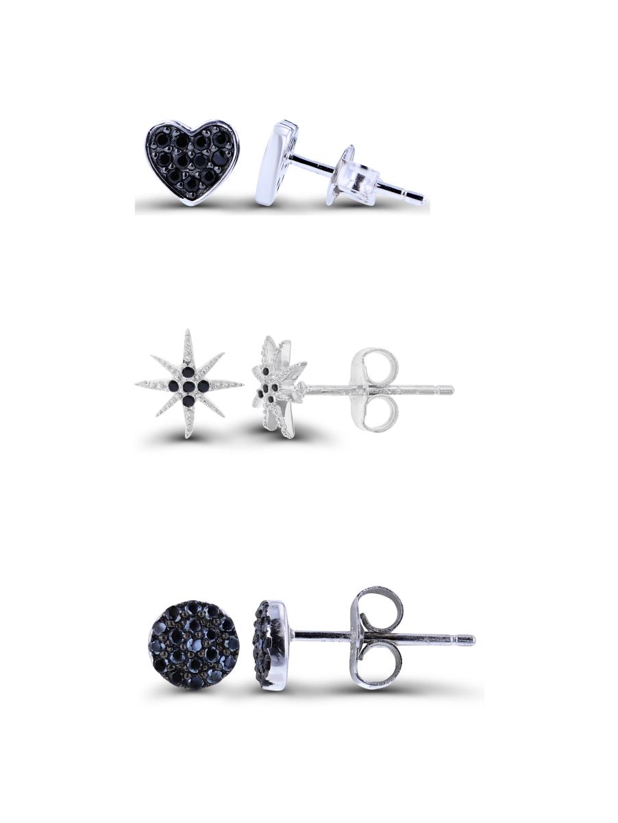 Sterling Silver Black & Rhodium Black Spinel Paved Heart, Star & Cluster Earring Set