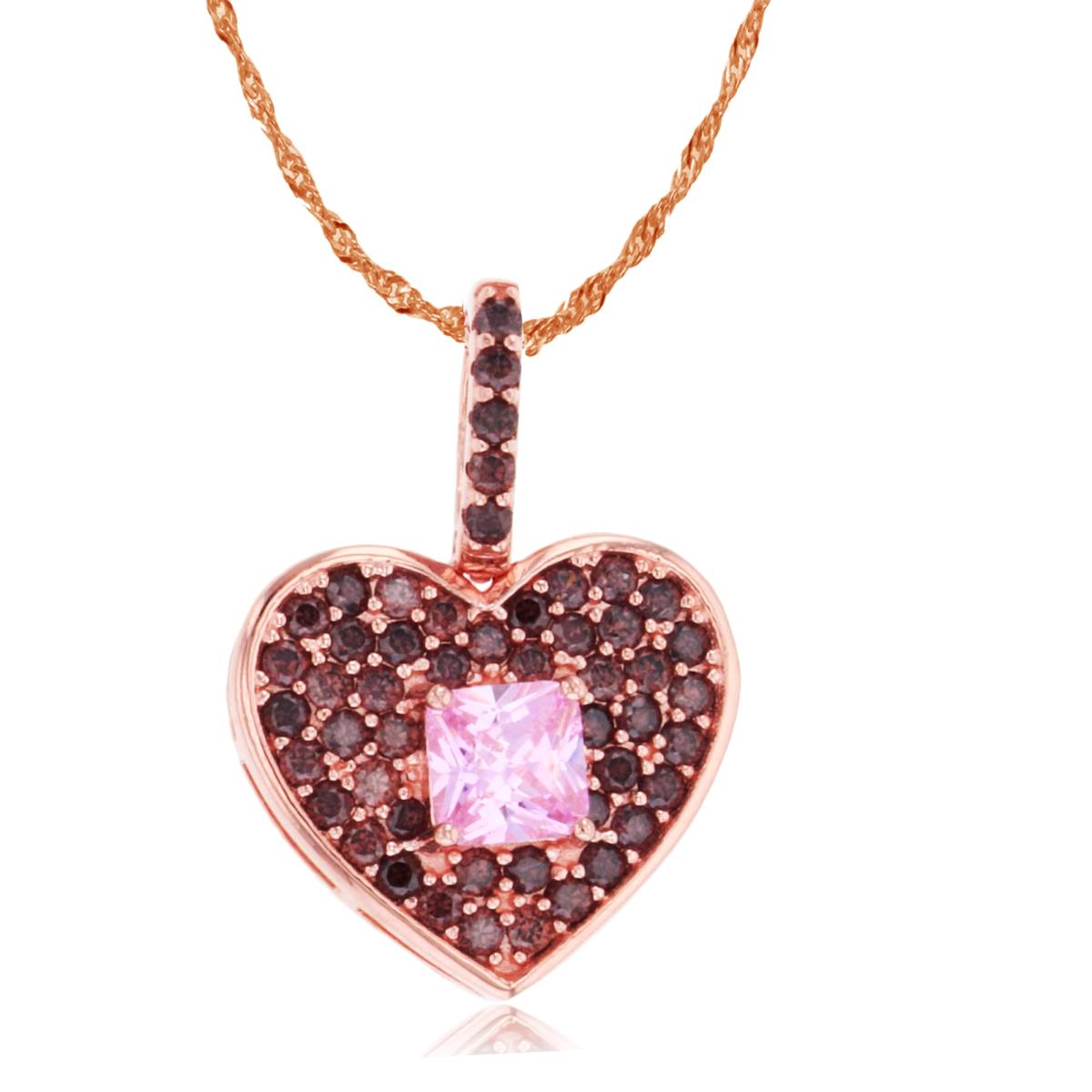 Sterling Silver Rose 1-Micron 5mm Princess Pink & Rnd Brown CZ Pave Heart 18"+2" Singapore Necklace