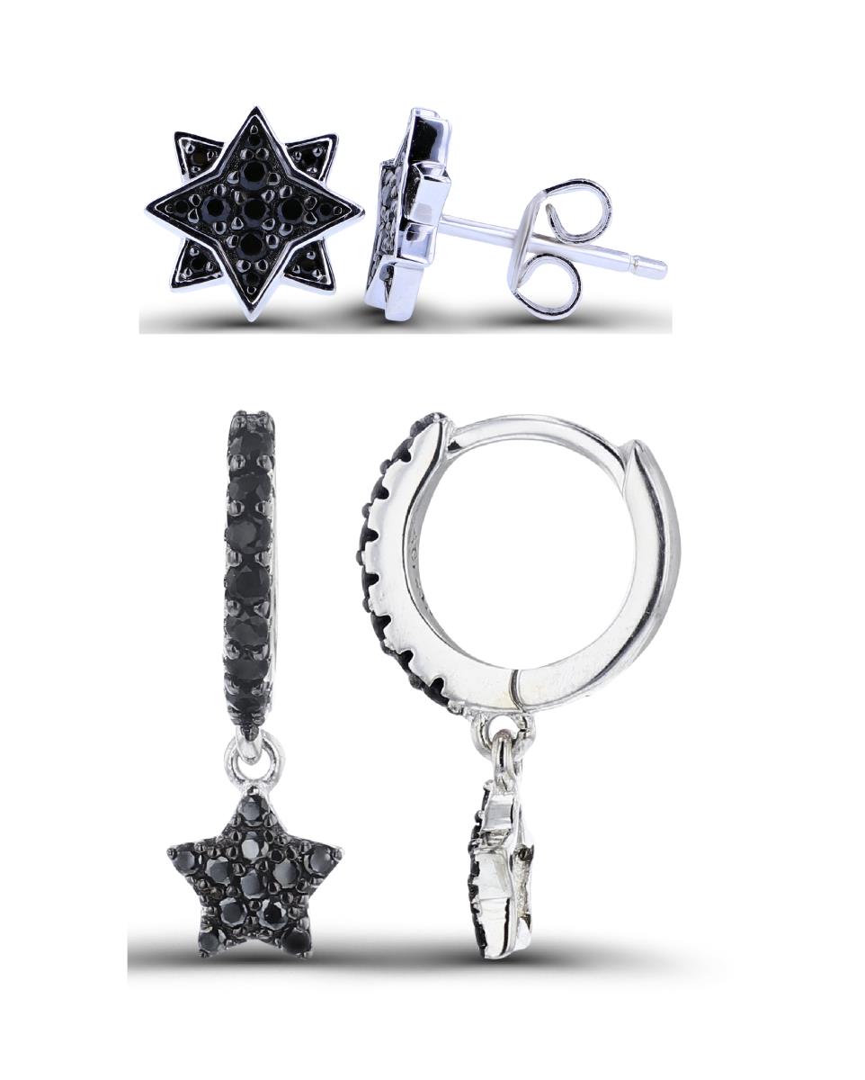 Sterling Silver Black & Rhodium Black Spinel Starbust Stud & Dangling Huggie Earring Set