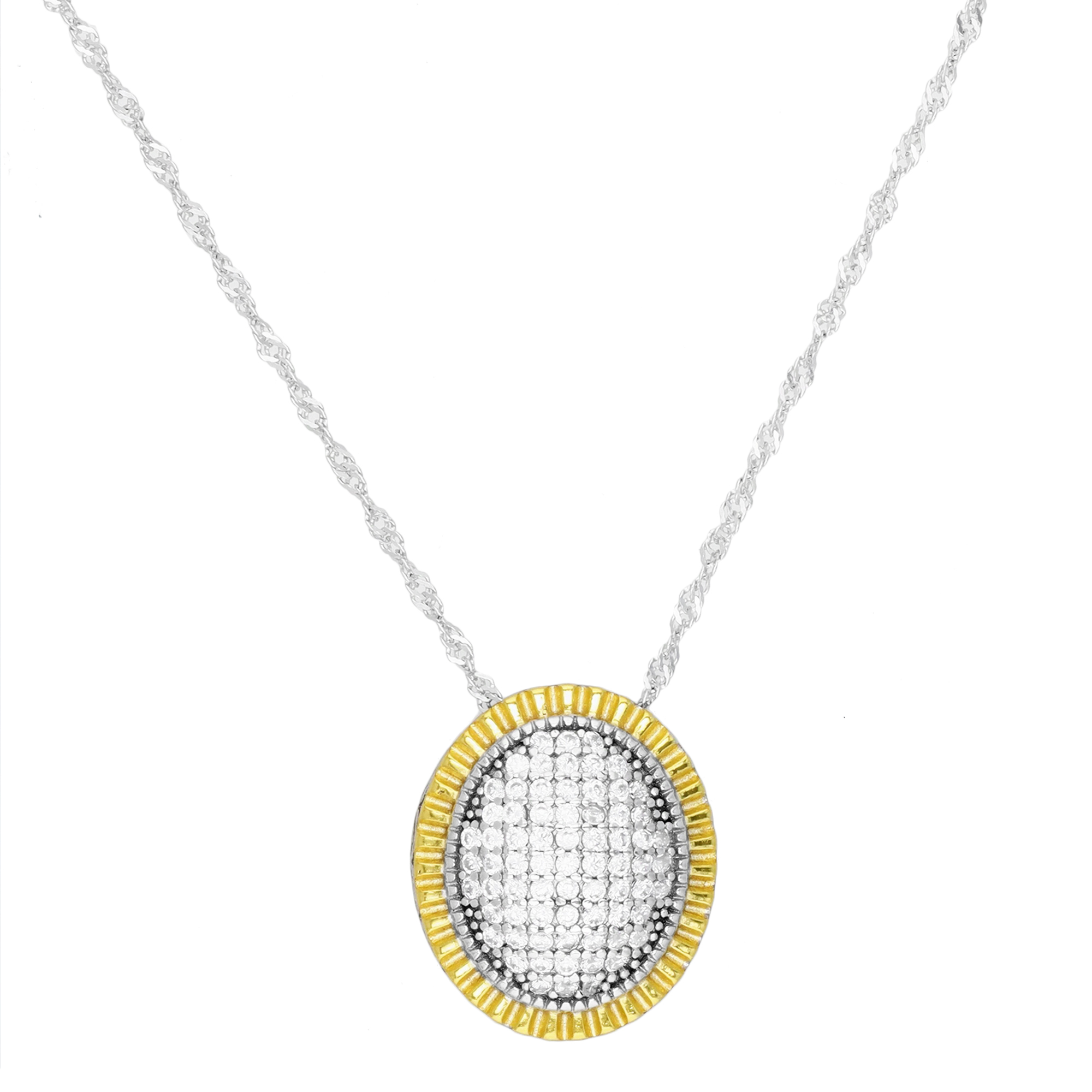 Sterling Silver Rhodium & Yellow CZ DC Oval Shaped 18"+2" Singapore Necklace