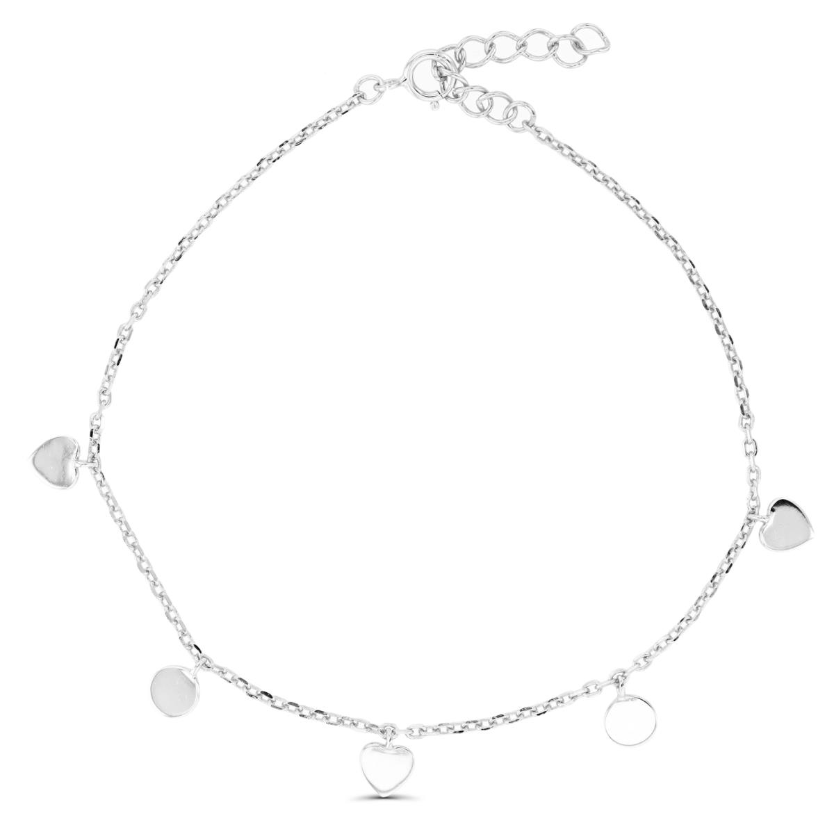 Sterling Silver Rhodium Polished Dangling Circle & Heart 7"+1" Bracelet