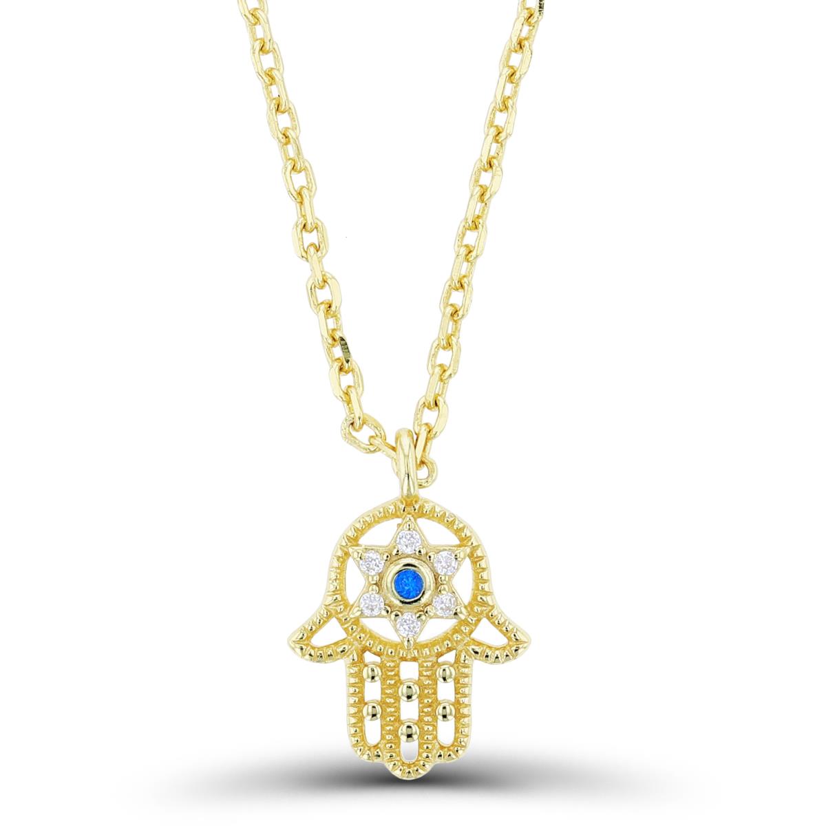 Sterling Silver Yellow #113 Spinel & White CZ Milgrain Hamsa 16"+2" Necklace