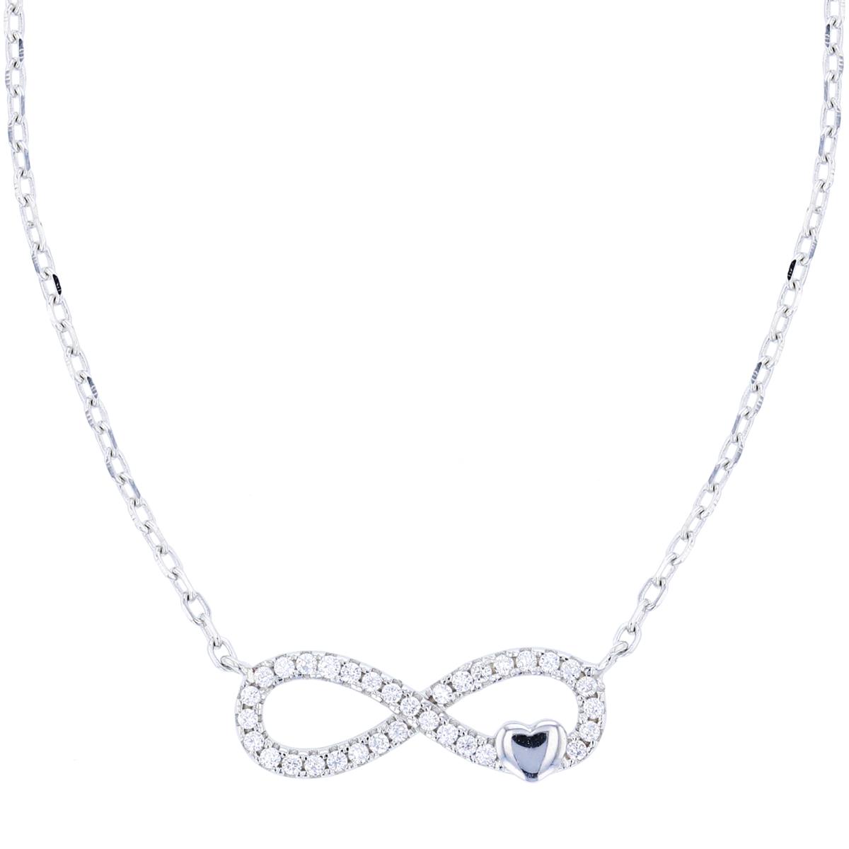 Sterling Silver Rhodium Polished Heart Paved Infinity 16"+2" Necklace