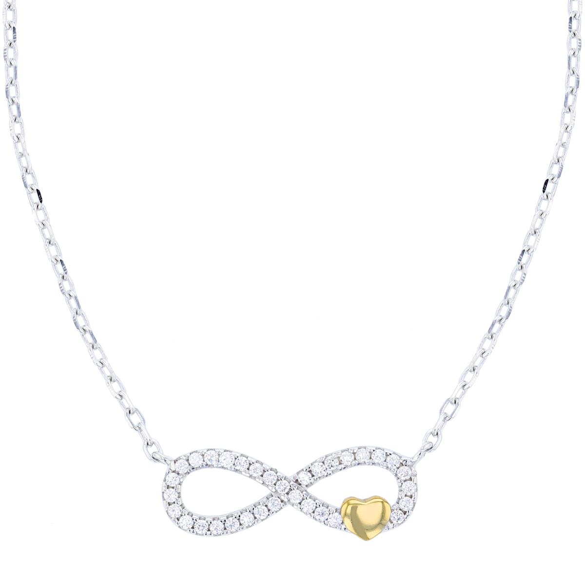 Sterling Silver Yellow & Rhodium Polished Heart Paved Infinity 16"+2" Necklace