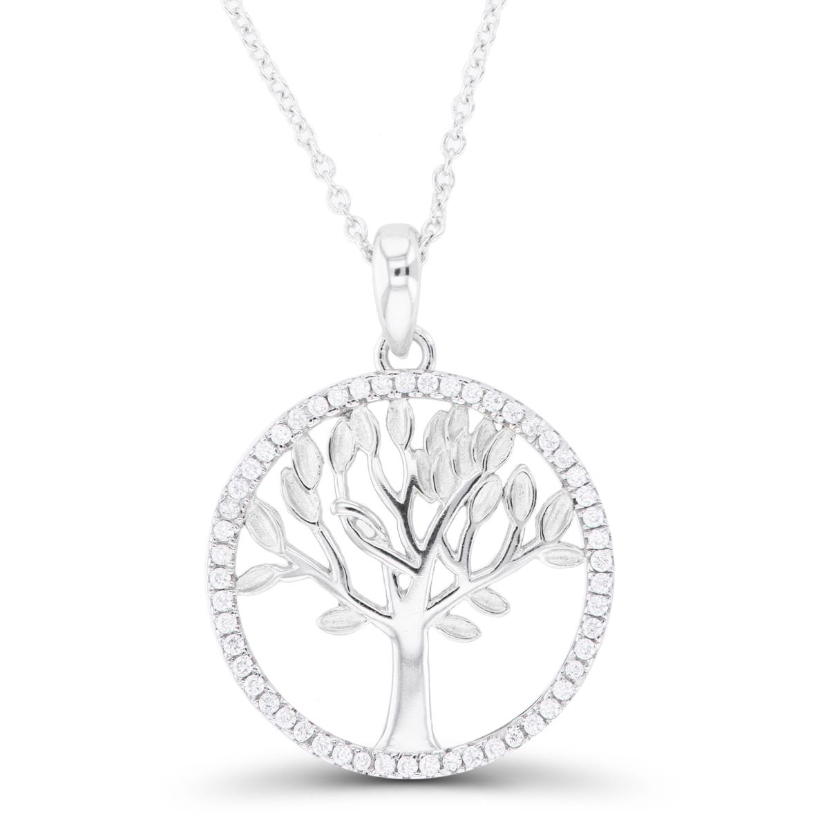 Sterling Silver Rhodium Paved CZ Circle Tree Of Life 16"+2" Necklace
