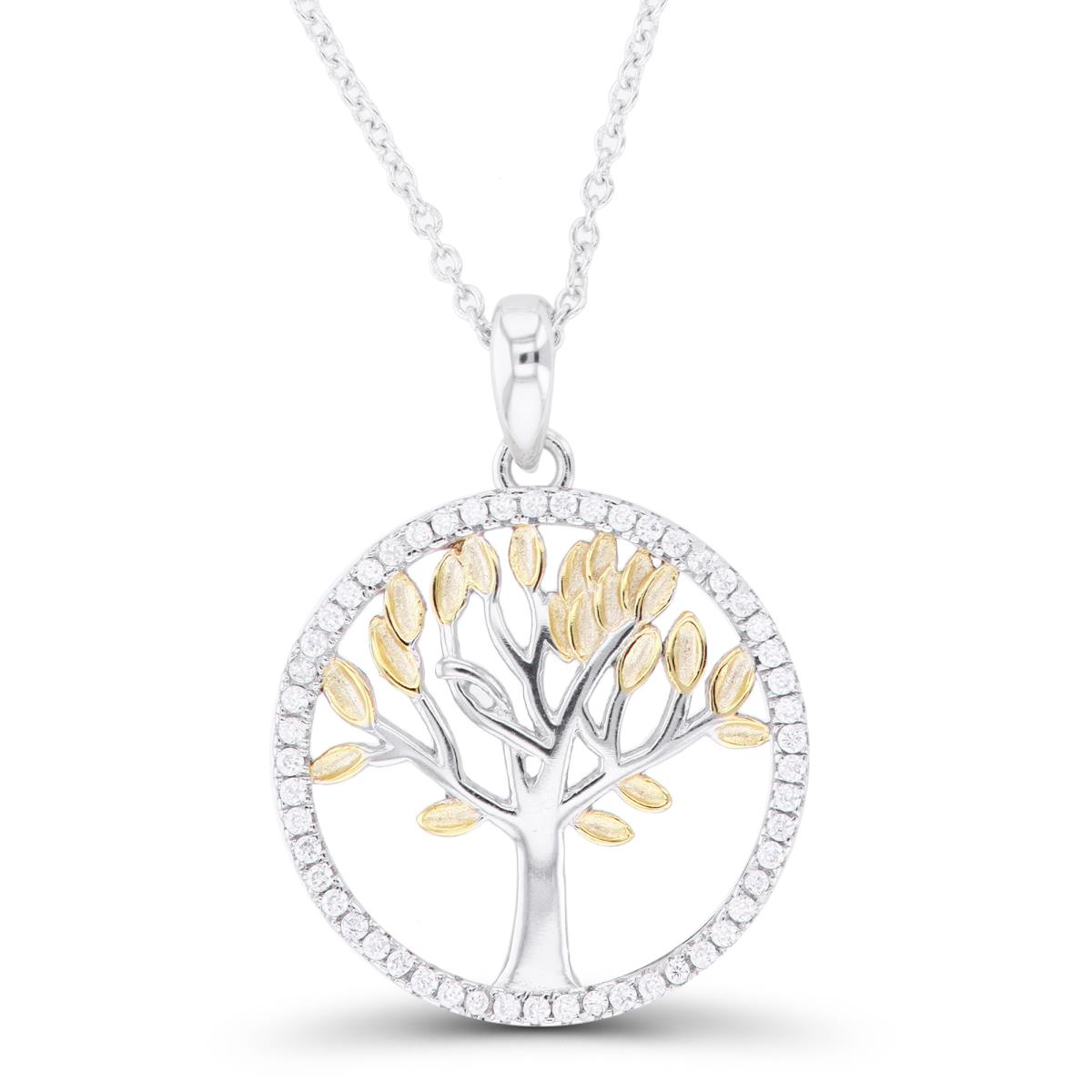 Sterling Silver Yellow & Rhodium Paved CZ Circle Tree Of Life 16"+2" Necklace
