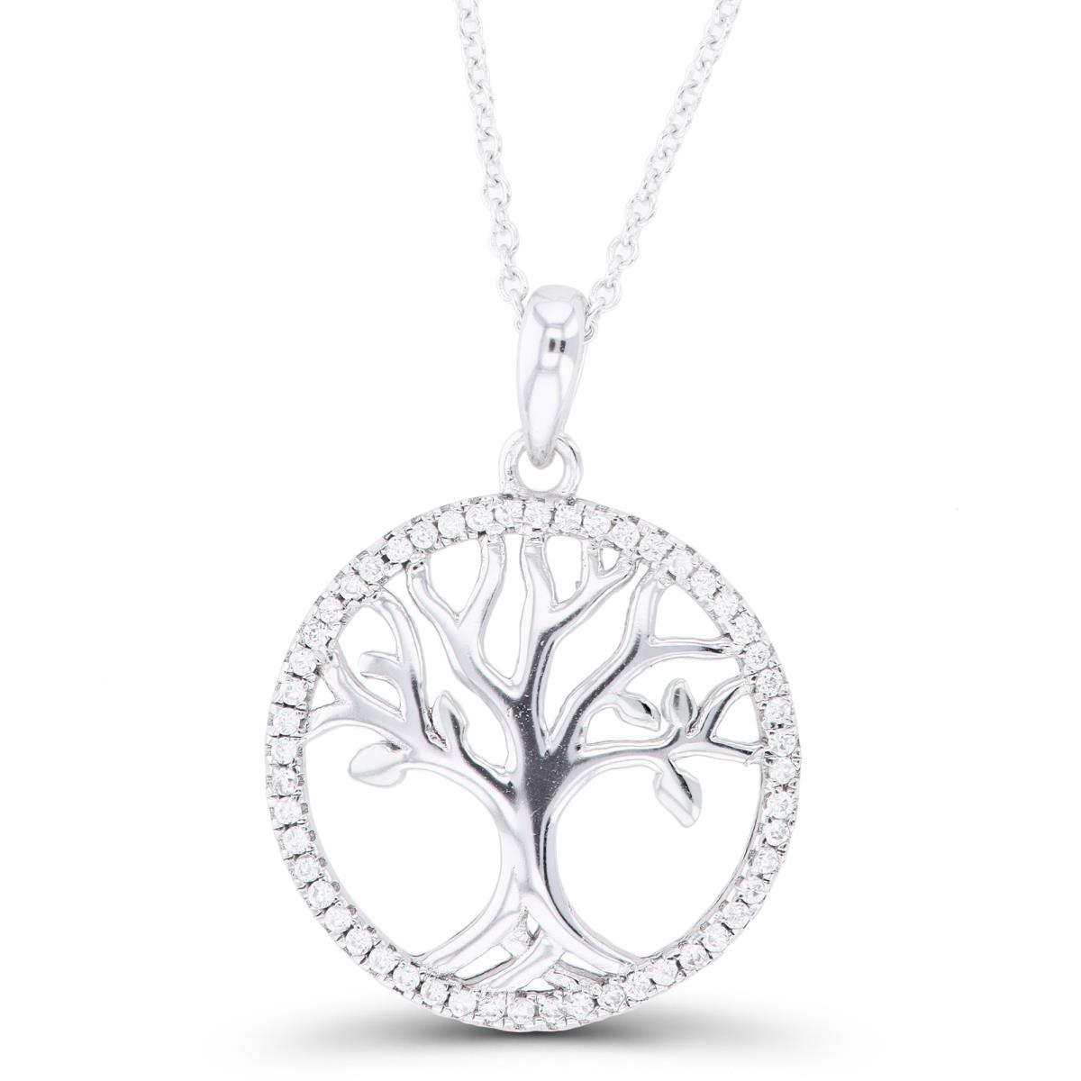 Sterling Silver Rhodium CZ Circle Polished Tree Of Life 16"+2" Necklace