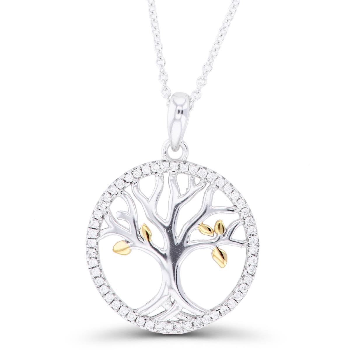 Sterling Silver Yellow & Rhodium CZ Circle Polished Tree Of Life 16"+2" Necklace