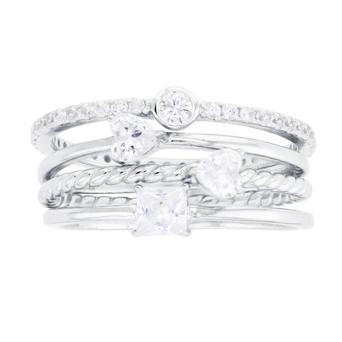 Sterling Silver Rhodium Multi Cut CZ Stack of 4 Rings