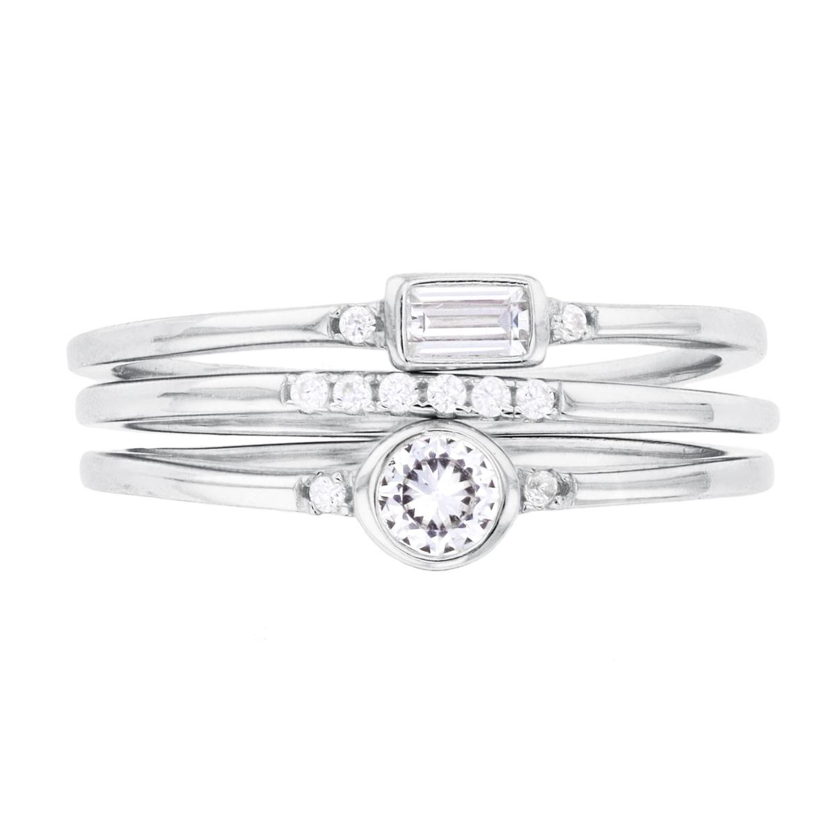 Sterling Silver Rhodium Bezel Round & Baguette CZ Stack of 3 Rings