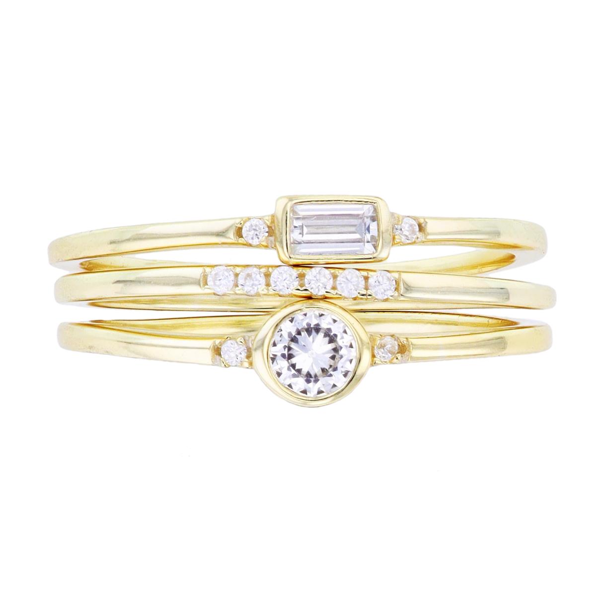 Sterling Silver Yellow Bezel Round & Baguette CZ Stack of 3 Rings