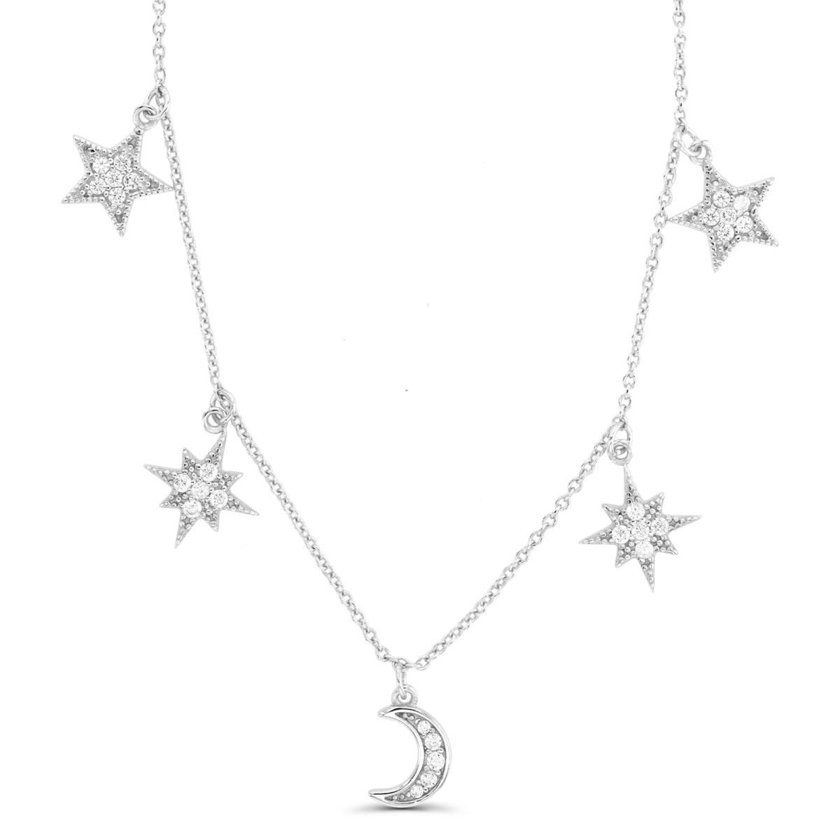 Sterling Silver Rhodium Paved Star & Moon Dangling 16"+2" Necklace