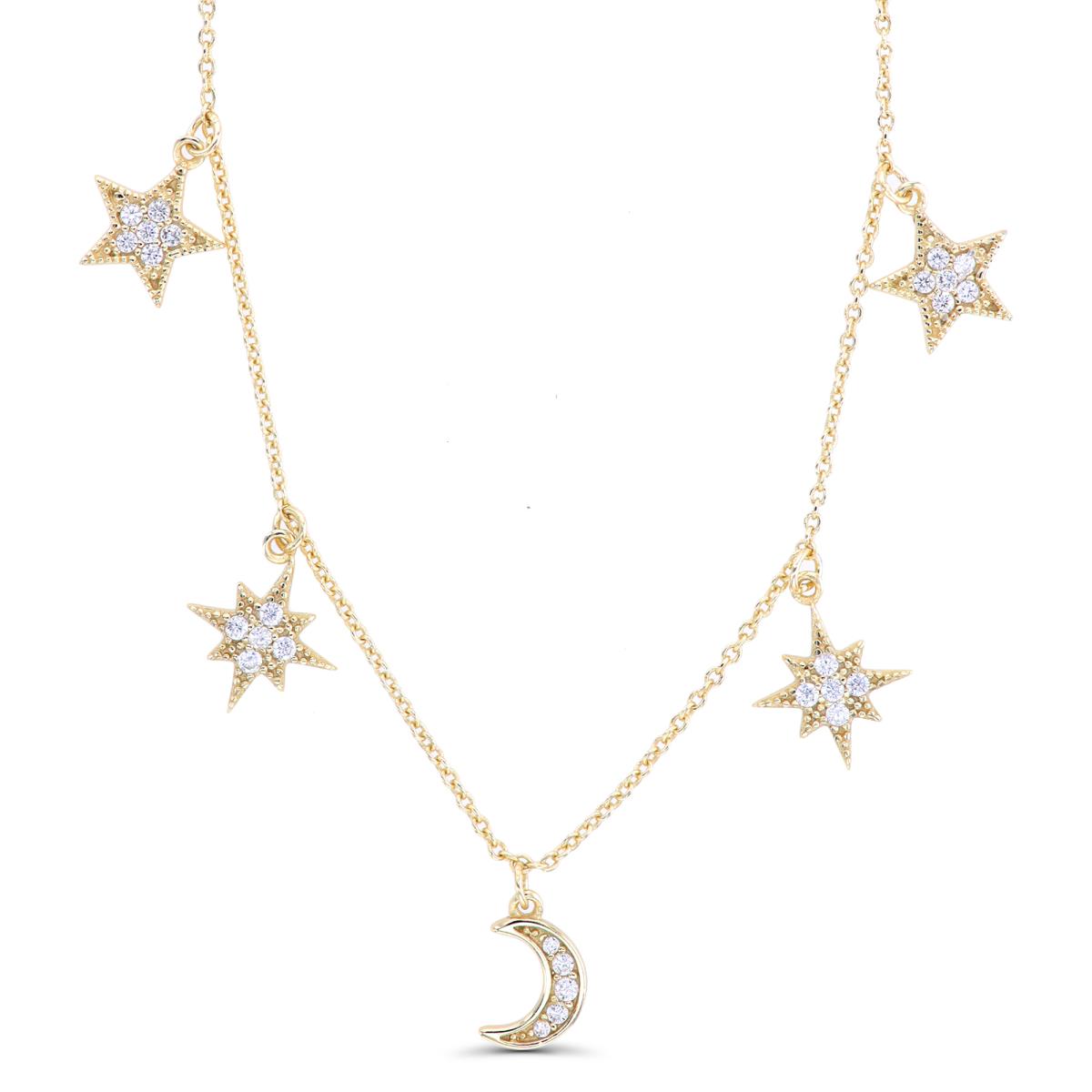 Sterling Silver Yellow Paved Star & Moon Dangling 16"+2" Necklace