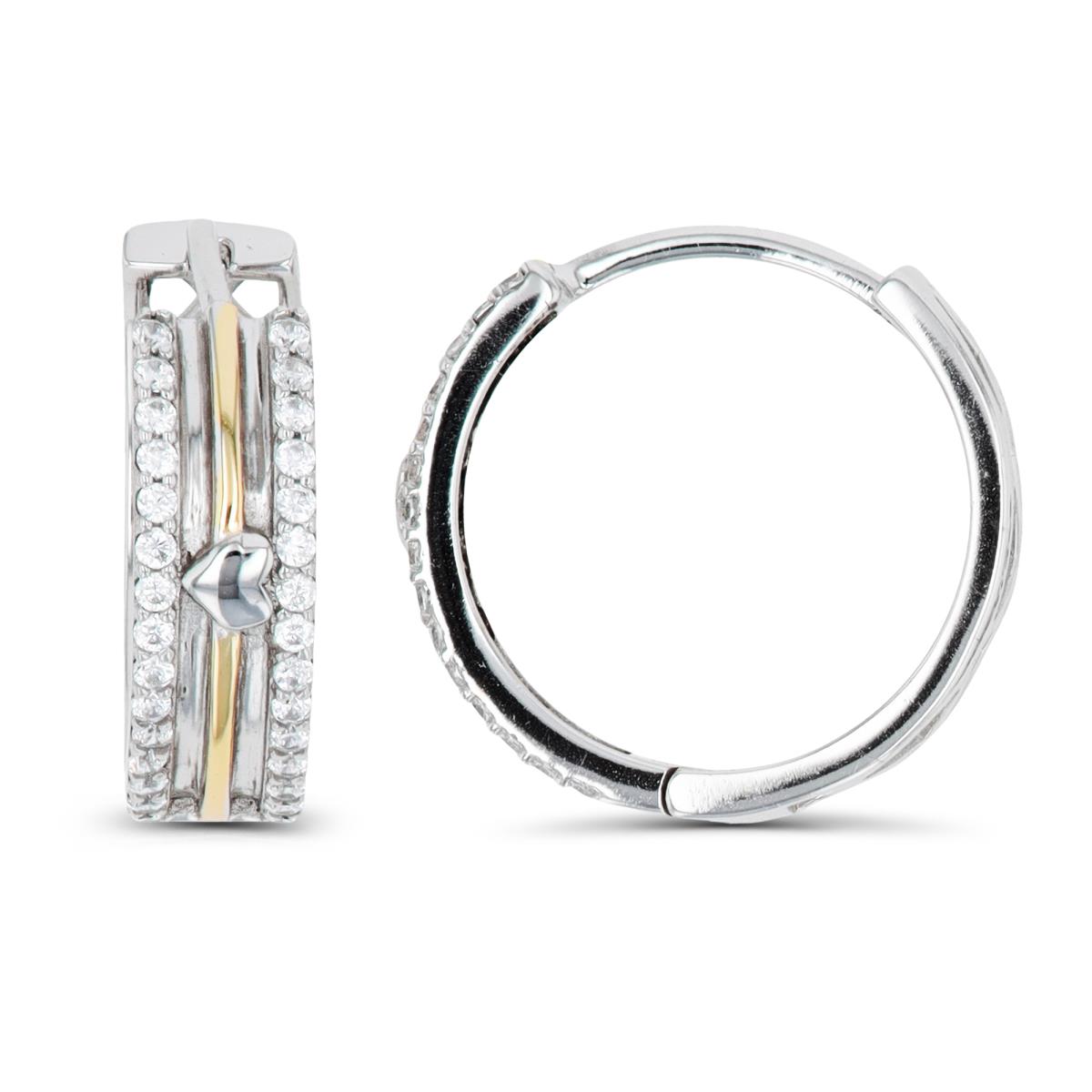Sterling Silver Yellow & Rhodium 20x6mm Polished Heart Paved Hoop Earring