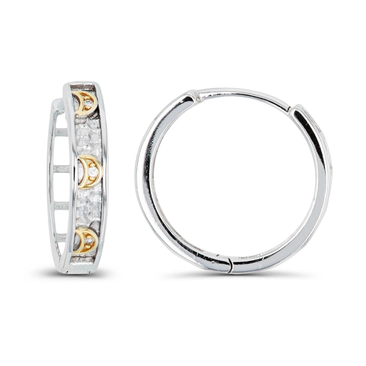 Sterling Silver Yellow & Rhodium CZ Moon Hammered Hoop Earring