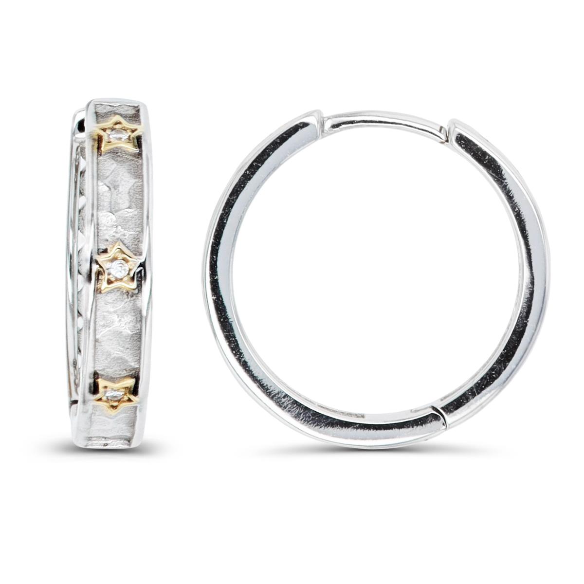 Sterling Silver Yellow & Rhodium CZ Stars Hammered Hoop Earring