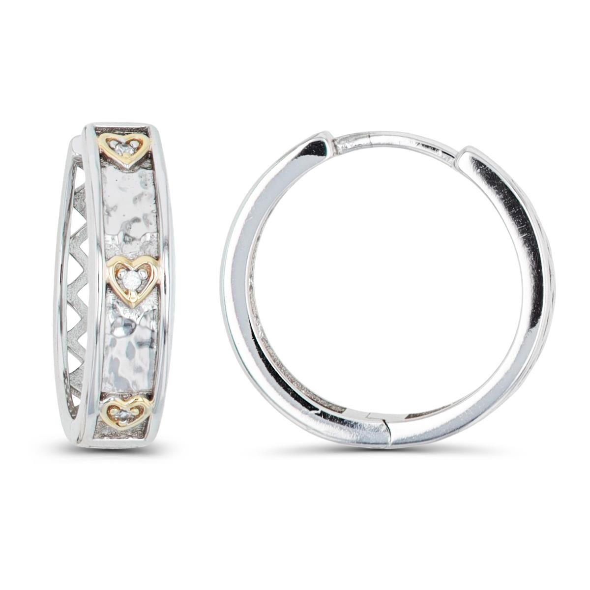 Sterling Silver Yellow & Rhodium CZ Heart Hammered Hoop Earring