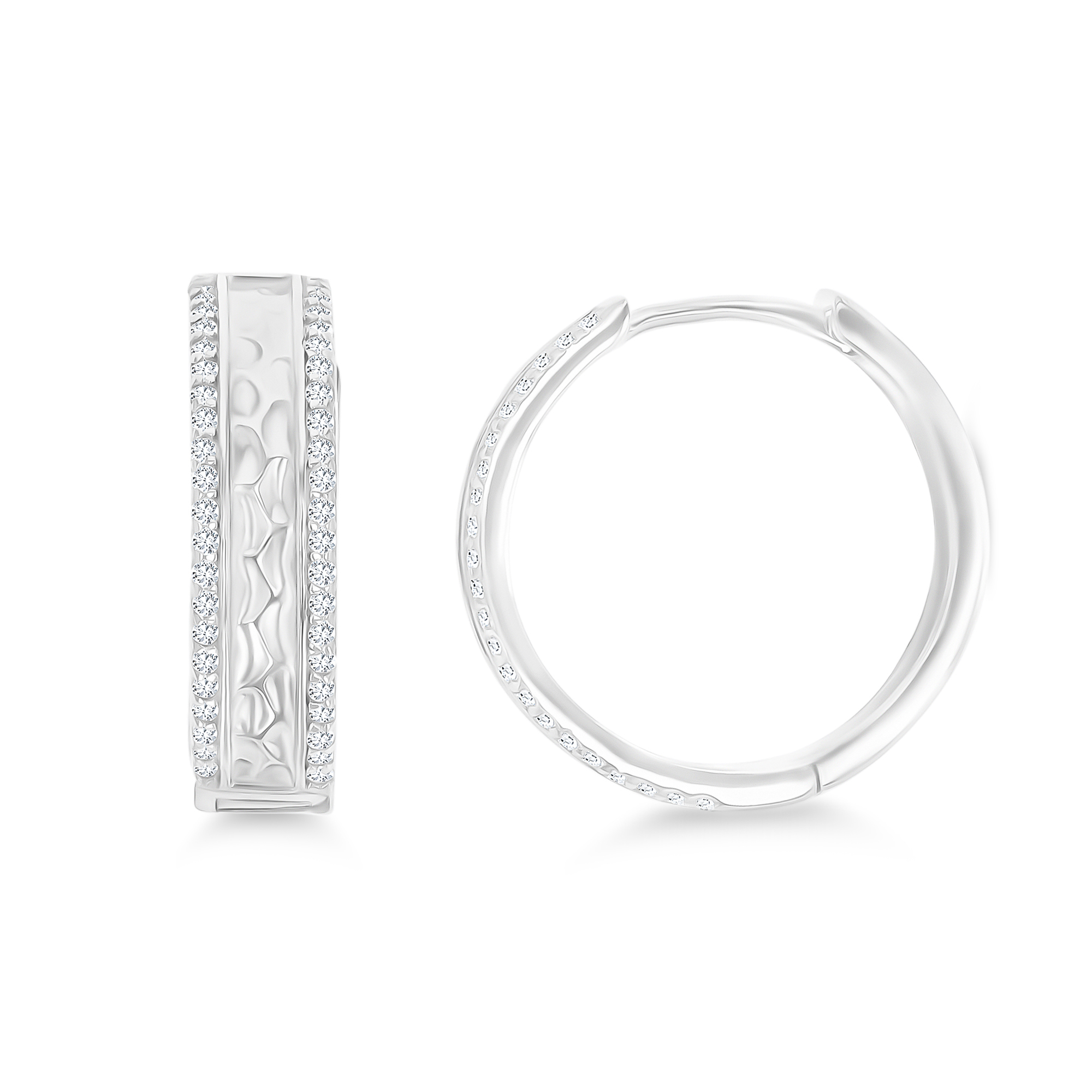 Sterling Silver Rhodium 20x6mm CZ Sides Hammered Hoop Earring