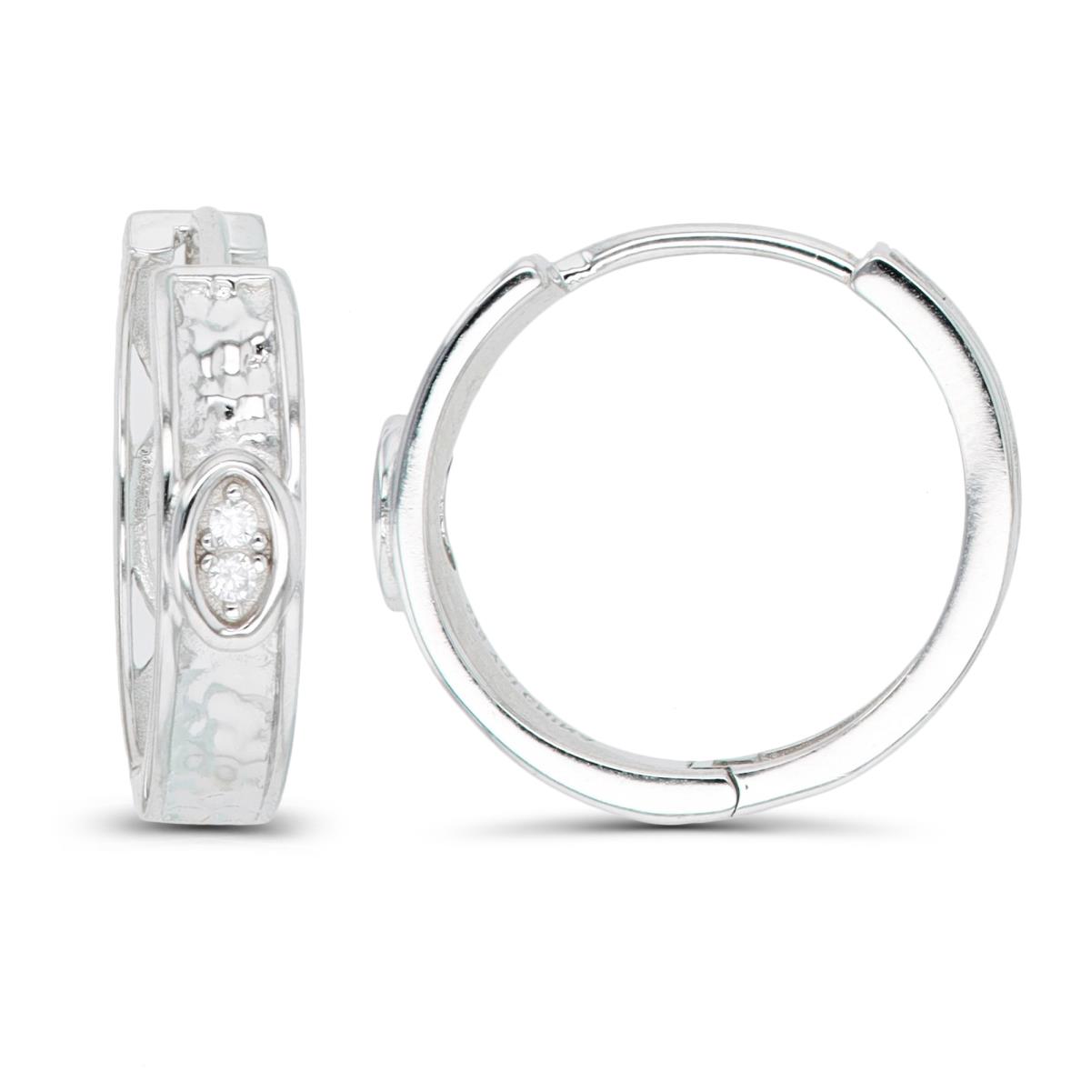 Sterling Silver Rhodium CZ Center Hammered Hoop Earring