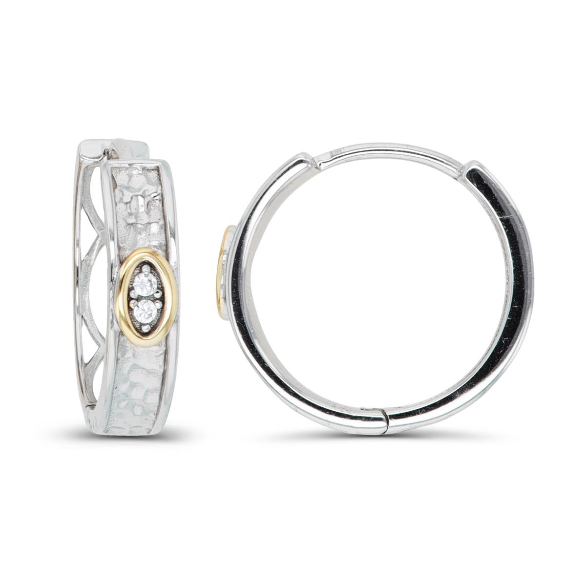 Sterling Silver Rhodium & Yellow CZ Center Hammered Hoop Earring