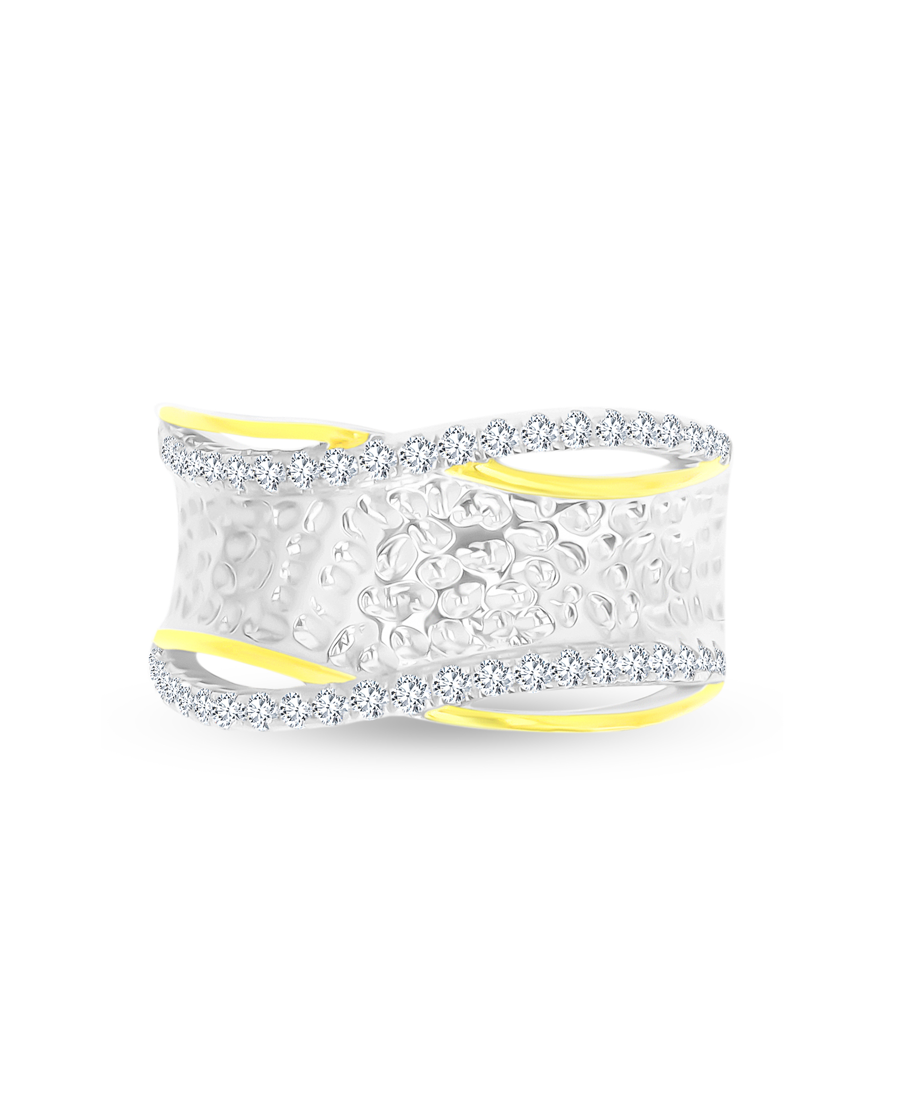 Sterling Silver Yellow & Rhodium CZ Hammered Criss Cross Ring